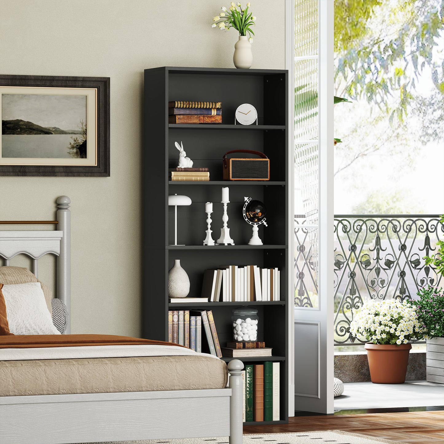 HOMCOM Six Shelf Bookcase Black With Four Adjustable Shelves And Six Open Compartments
