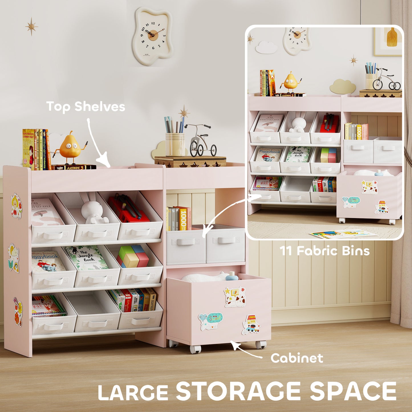 AIYAPLAY Kids Toy Storage Unit With 11 Fabric Bins Cabinet Top Shelves And 3 Stickers Pink For Nursery Playroom
