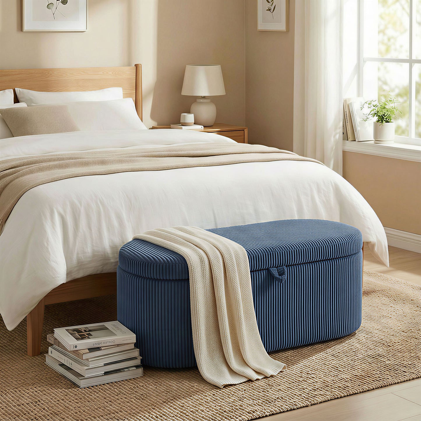 HOMCOM Corduroy Upholstered Storage Ottoman With Padded Seat 105 x 51 x 49 cm Blue