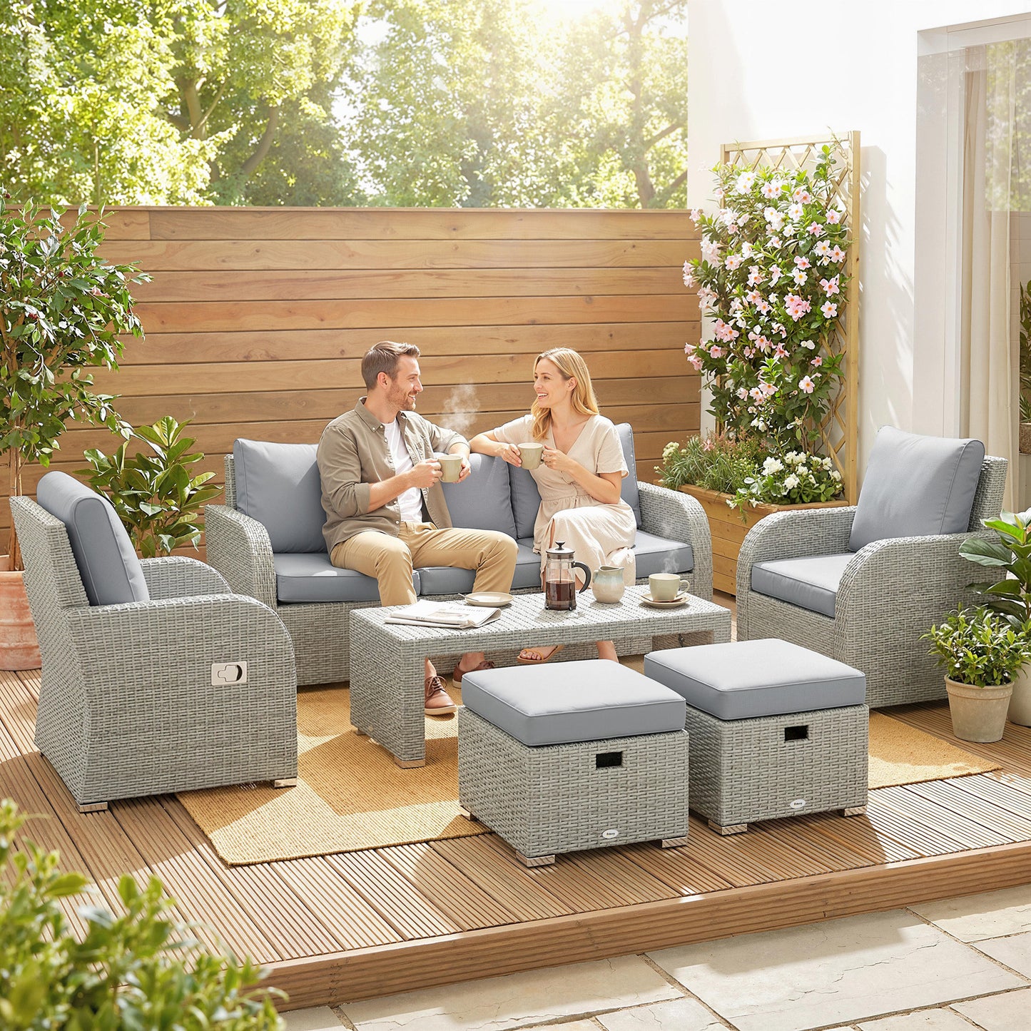 Outsunny Six Piece Rattan Garden Furniture Set With Reclining Armchairs Dark Grey