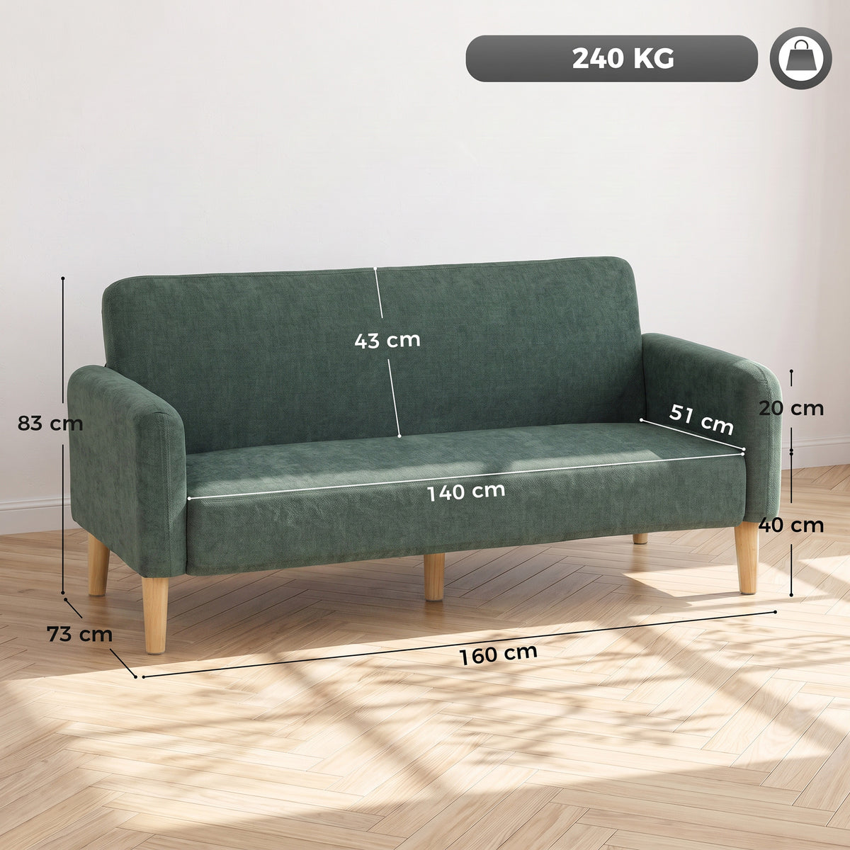 Homcom 2 Seater Velvet Sofa Small Couch With Thick Padding Dark Green