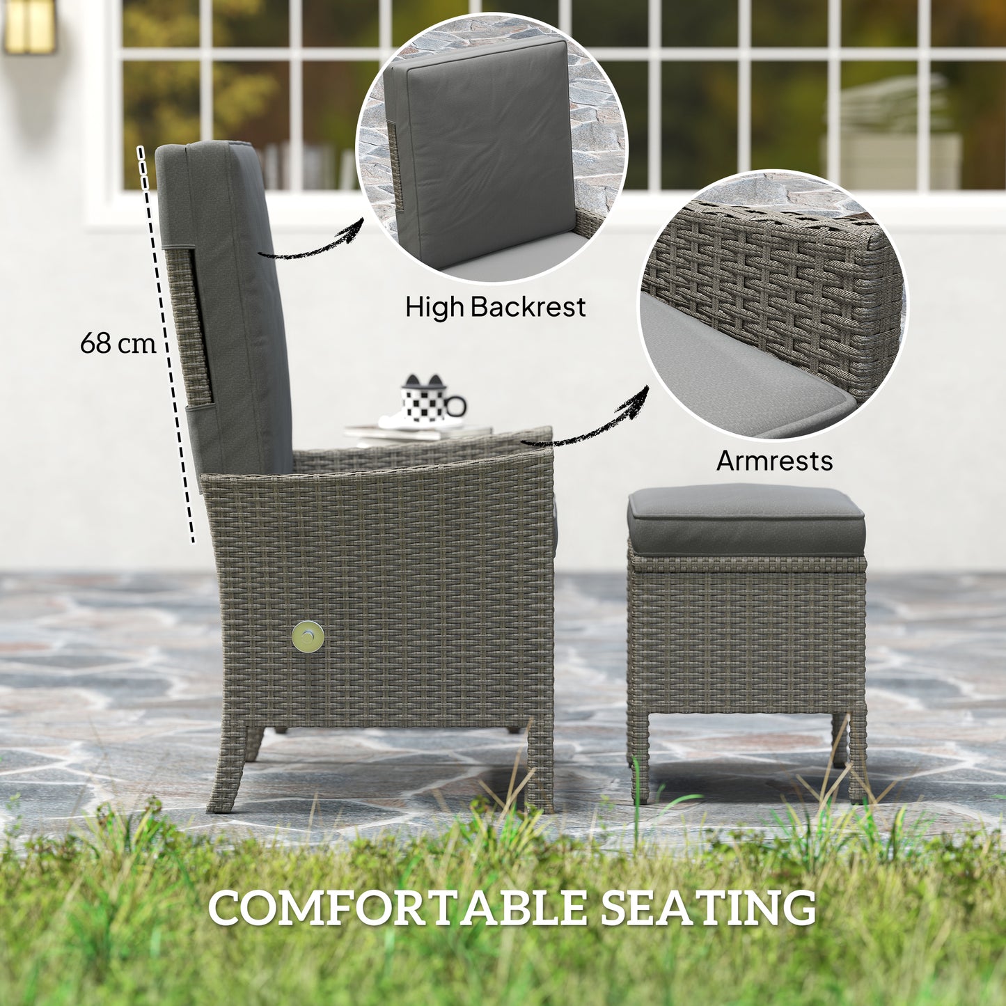 Outsunny 5 Piece Rattan Garden Furniture Set With 2 Armchairs 2 Footstools And Glass Top Coffee Table In Dark Grey