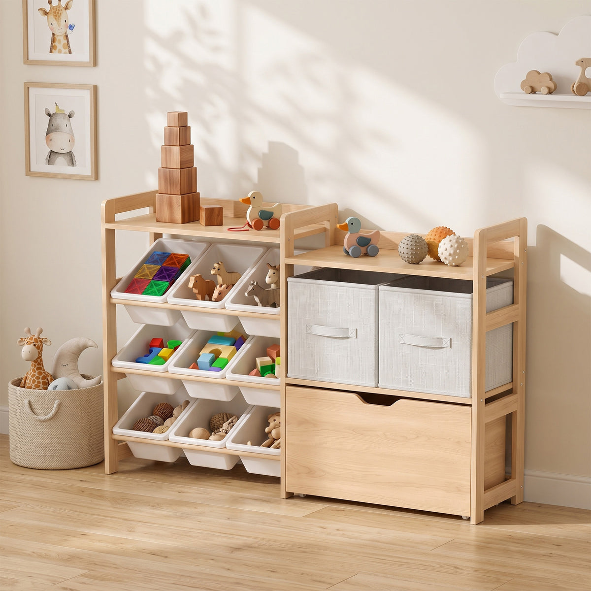 Light wood toy organizer with open cubbies, multiple bins, and two drawer cabinets