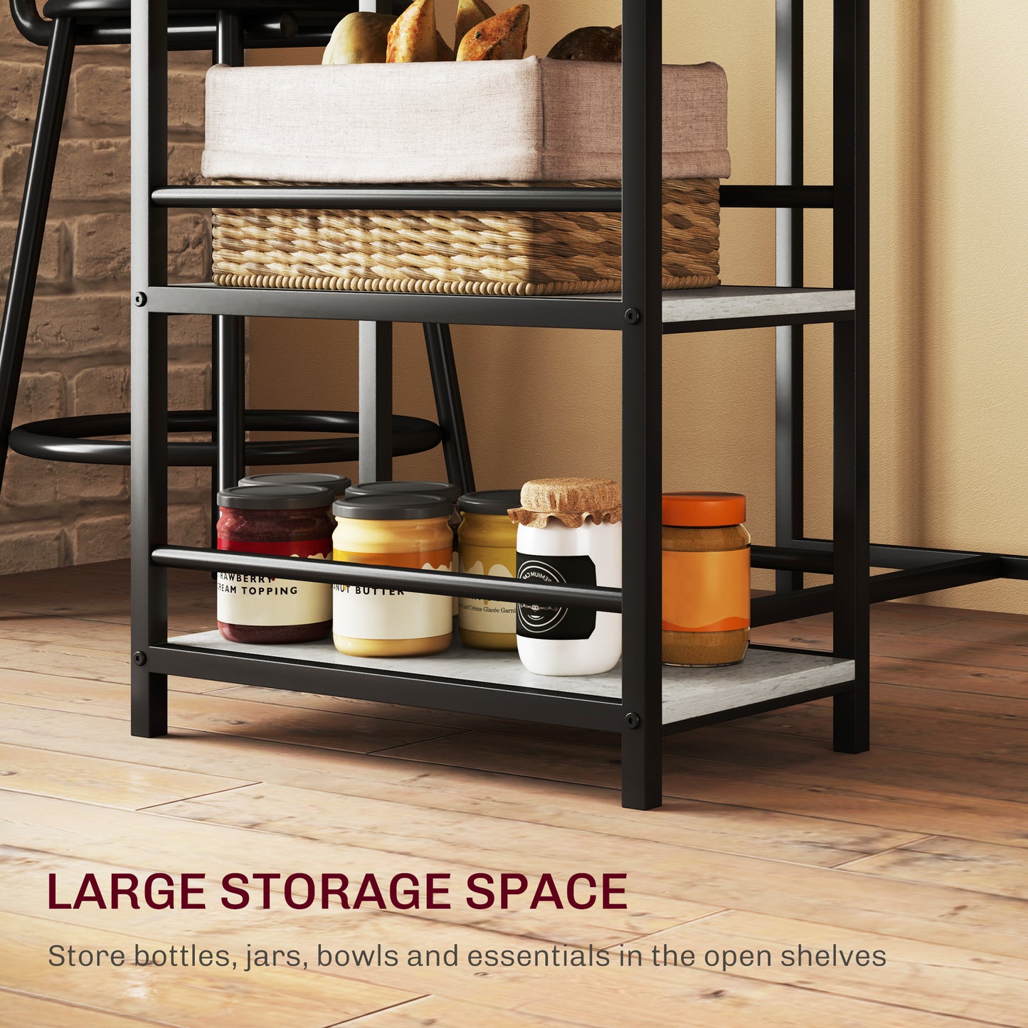 HOMCOM Three Piece Kitchen Dining Set With Shelves Space Saving Grey And Black Bar Table And Two Bar Chairs