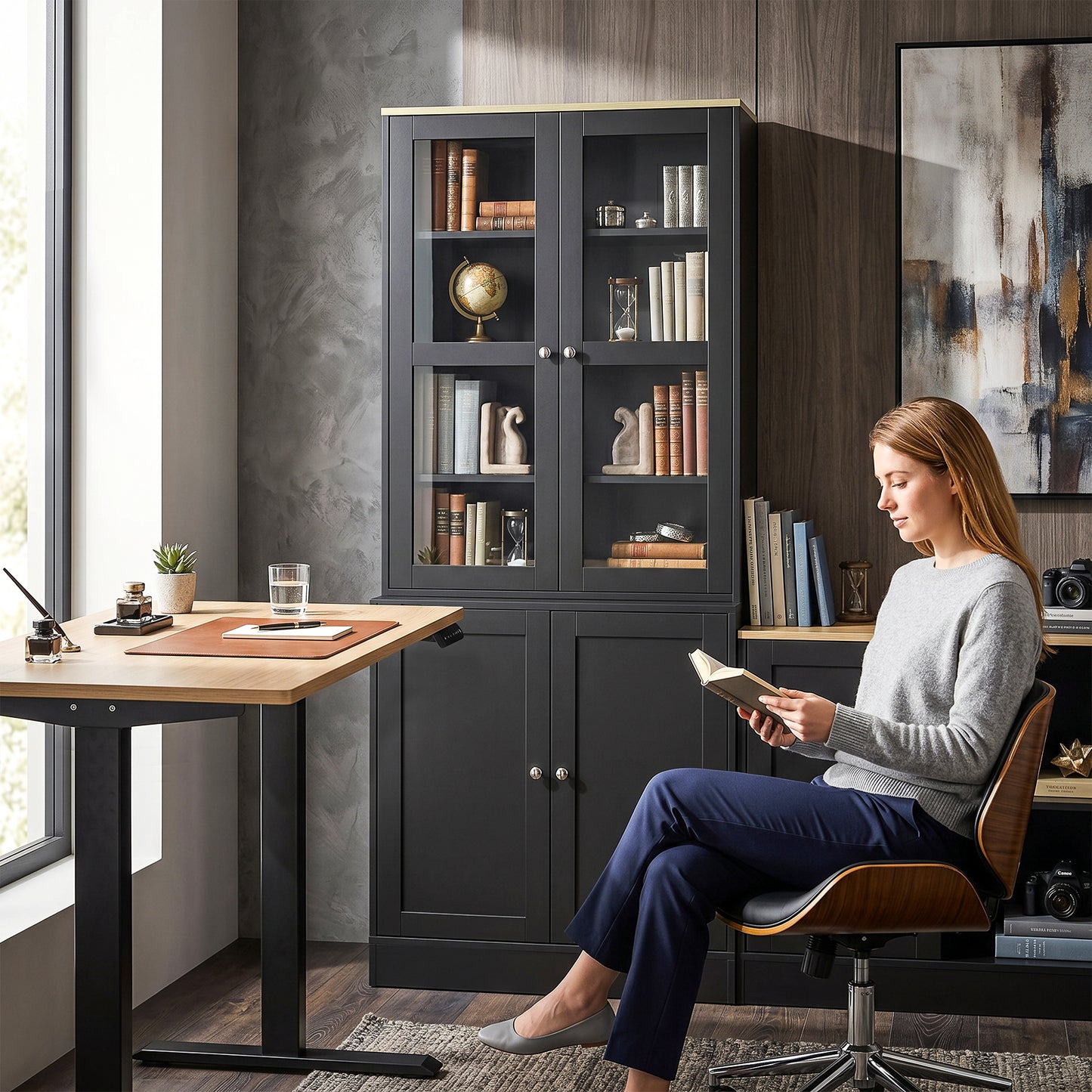 HOMCOM Modern Glass Doors Bookcase With Adjustable Shelves And Display Storage Cabinet Black