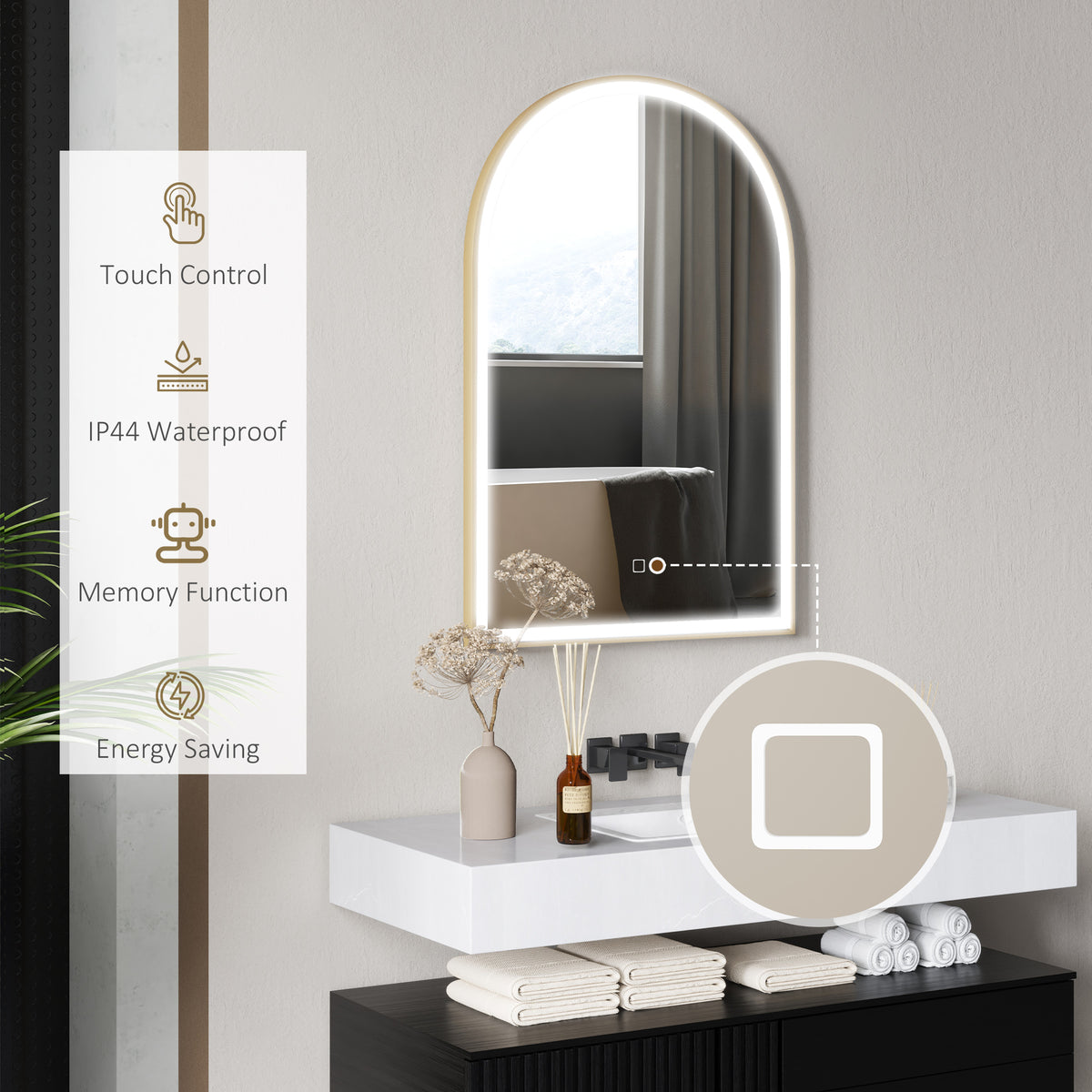 Arched gold LED bathroom mirror with anti-fog illuminated frame