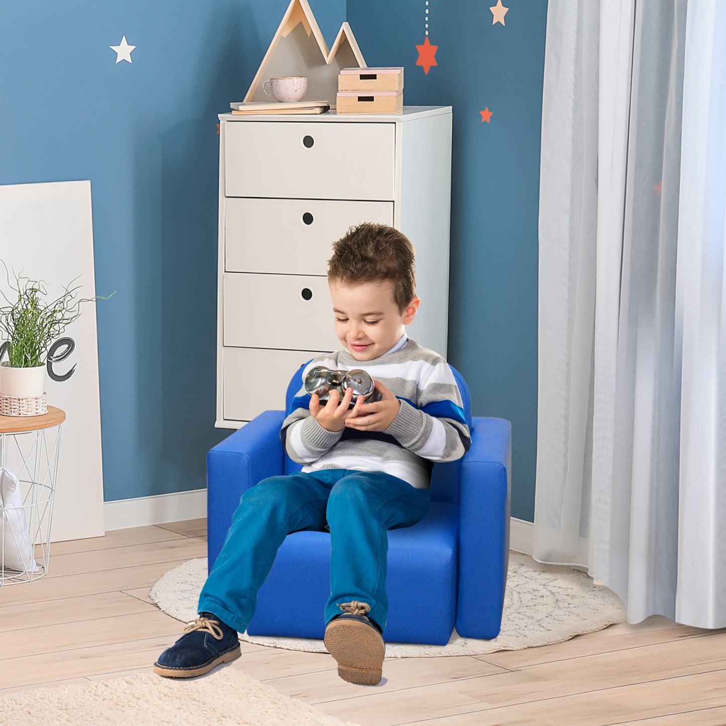 HOMCOM 2 In 1 Toddler Sofa Chair 48 x 44 x 41 cm Game Relax Playroom Blue. - ALL4U RETAILER LTD