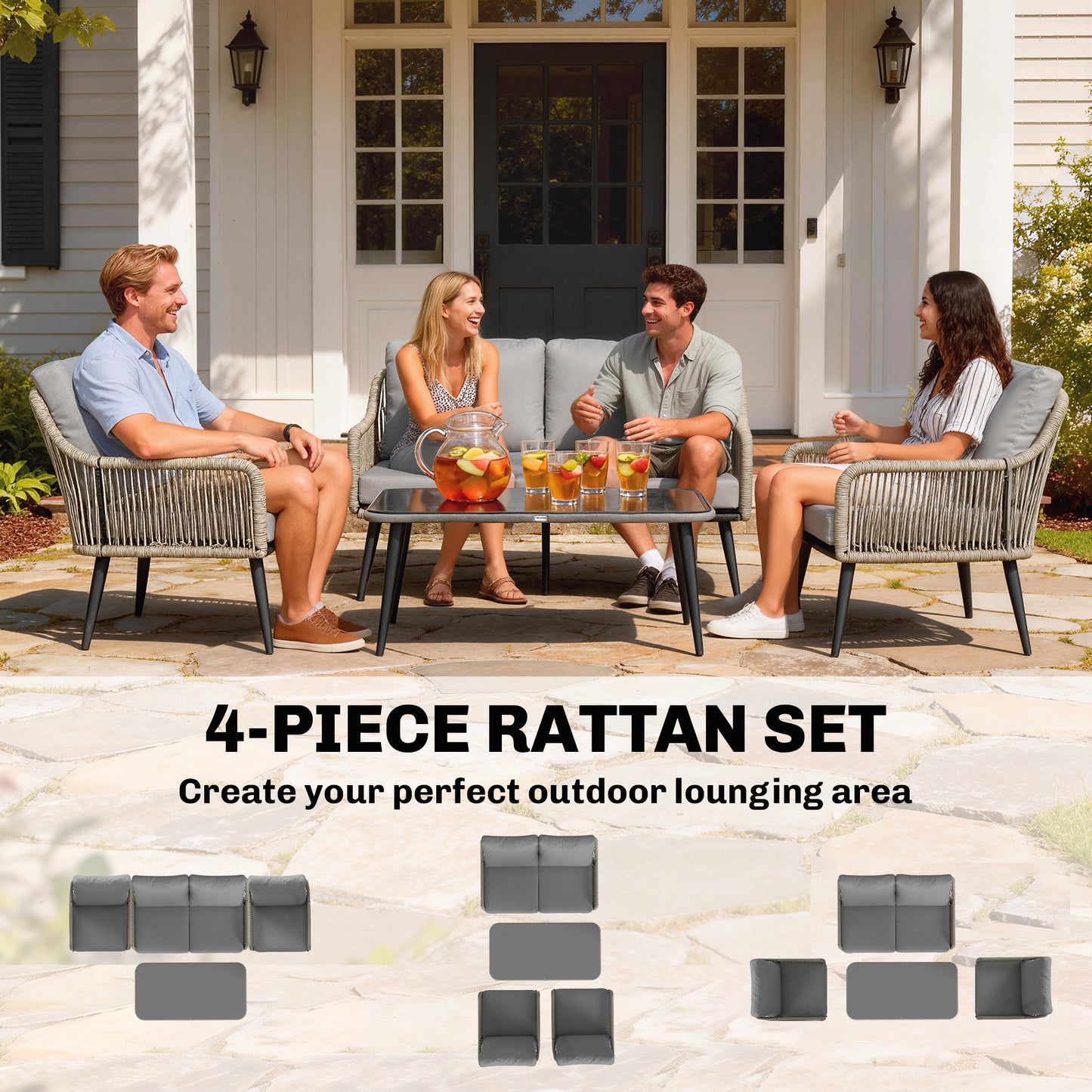 Outsunny Rattan Garden Furniture Set 4 Piece Outdoor Patio Set With Tempered Glass Table And Cushioned Chairs