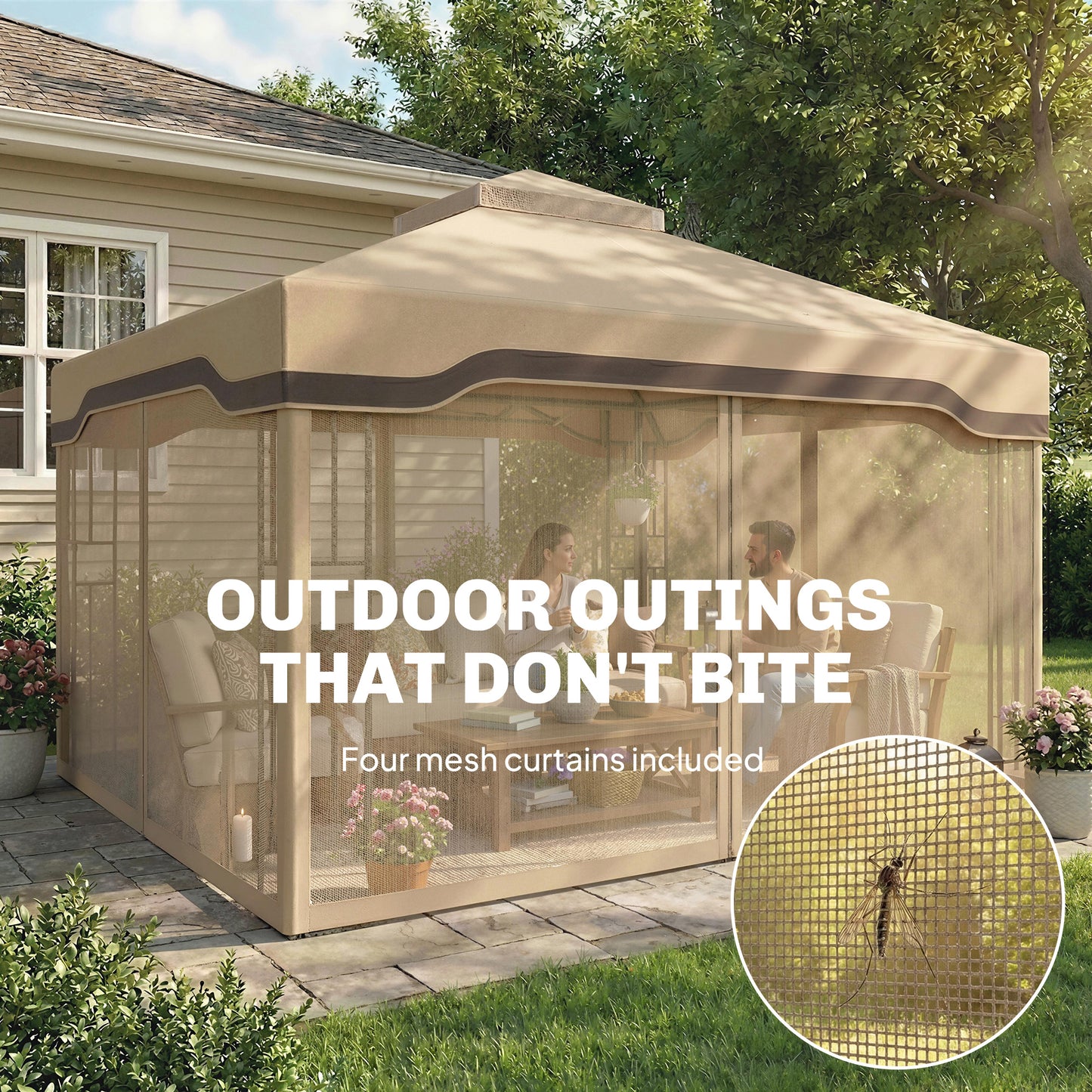 Outsunny 3 x 3.6 m Outdoor Garden Gazebo With Post Shelves UPF50 Plus Patio Permanent Pavilion With Hook Khaki