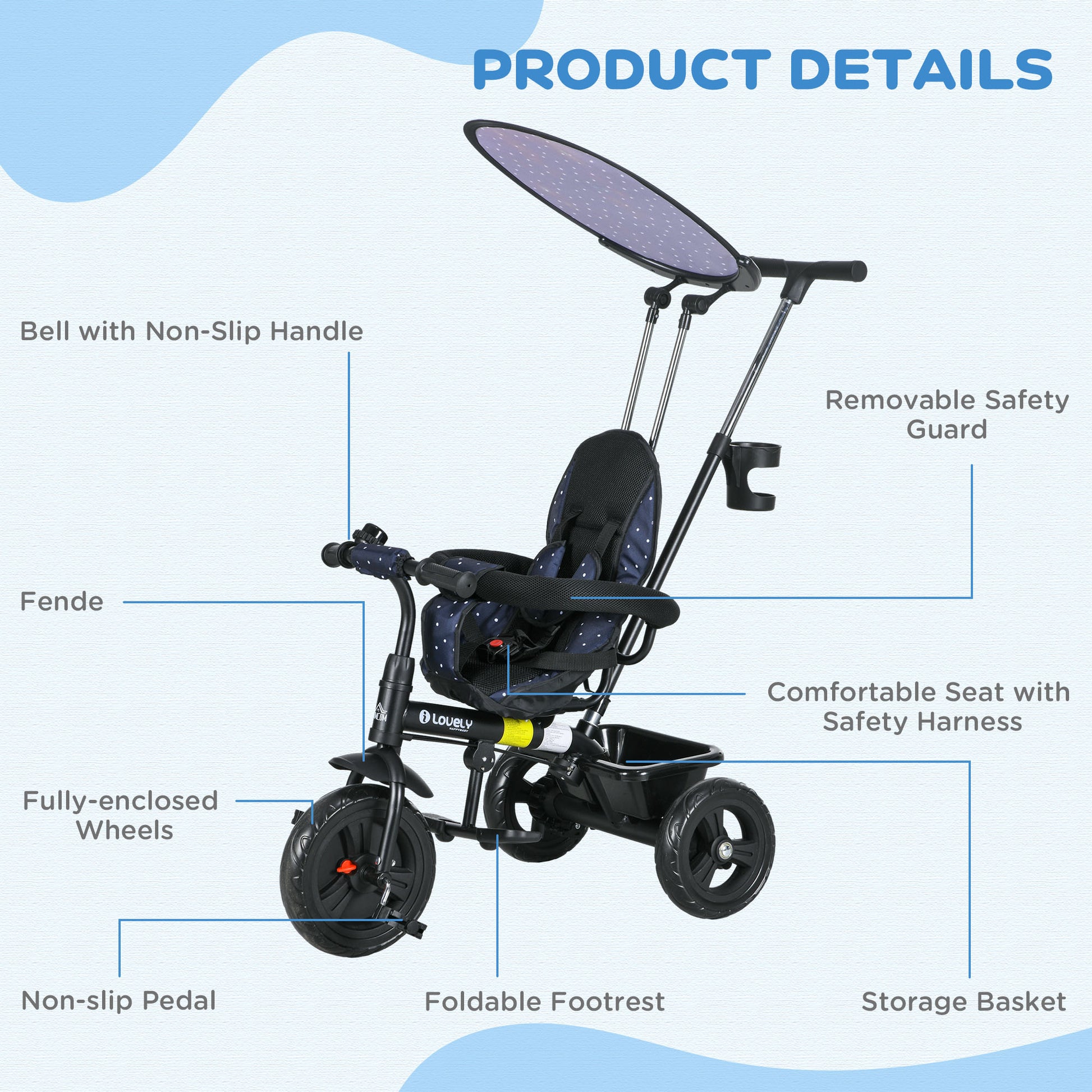 AIYAPLAY 6-in-1 Versatile Dark Blue Tricycle for Kids with Safety Harness and Removable Canopy - ALL4U RETAILER LTD