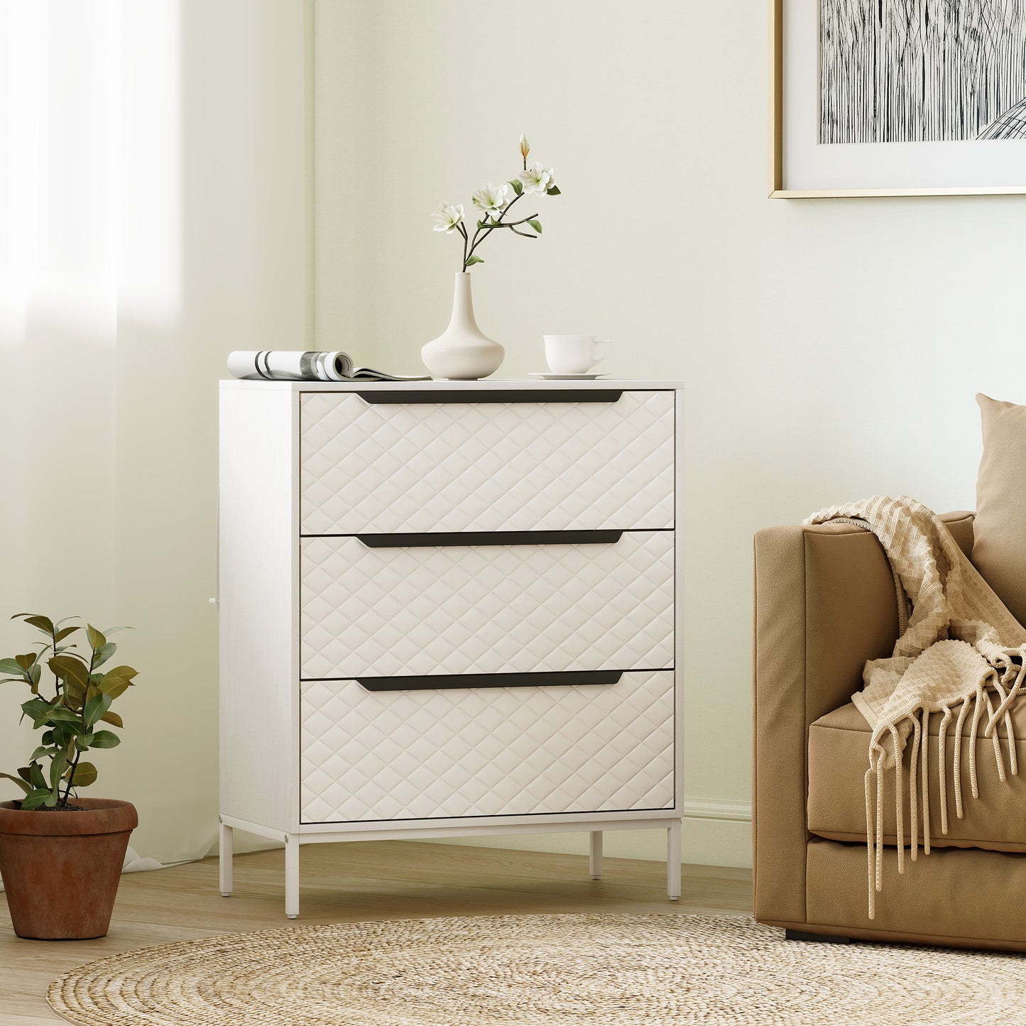 HOMCOM Fabric Chest Of Drawers With Three Drawers And Aluminium Handles White Finish