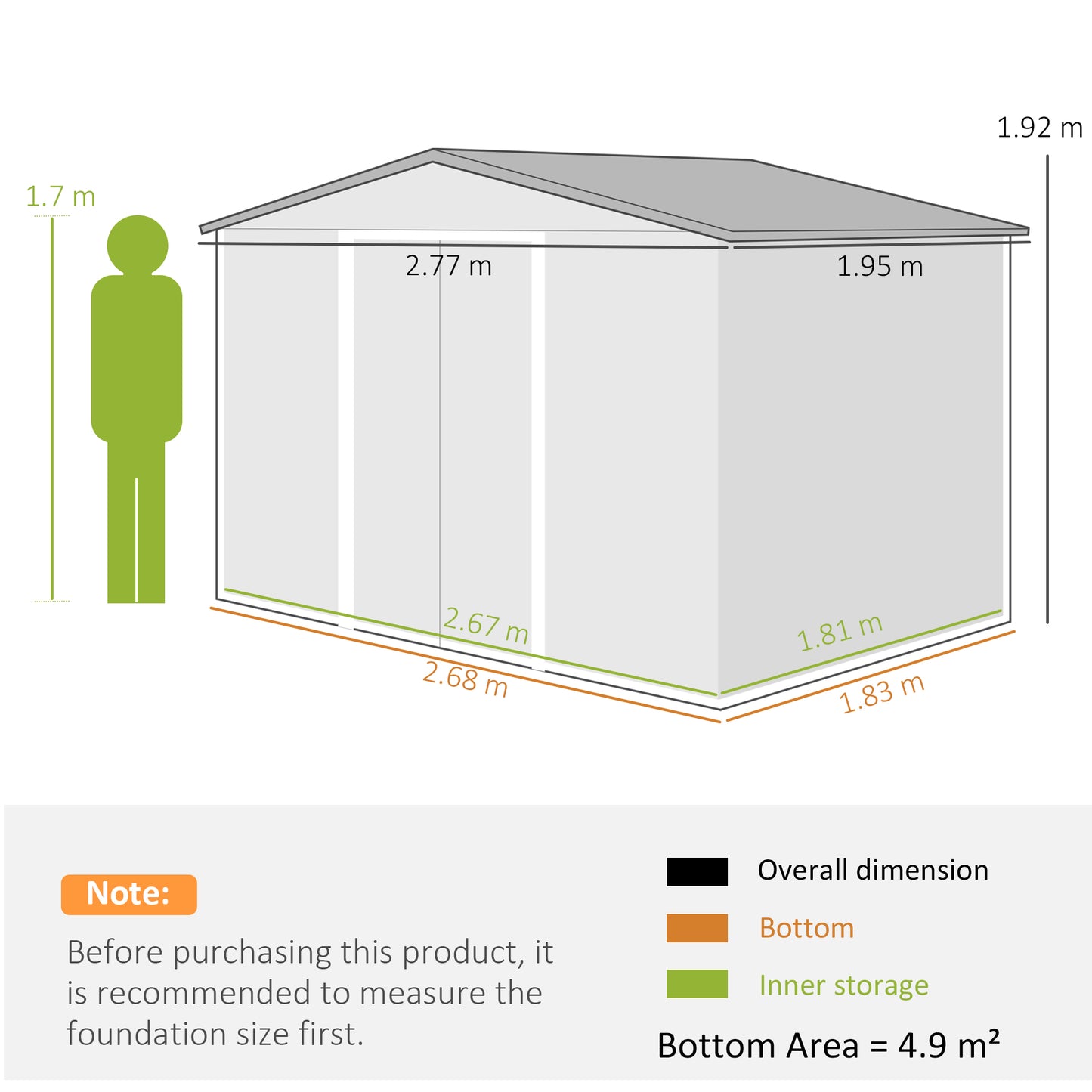 Outsunny Metal Garden Storage Shed With Foundation Kit 9 x 6 Ft Grey Lockable Double Doors And Ventilation