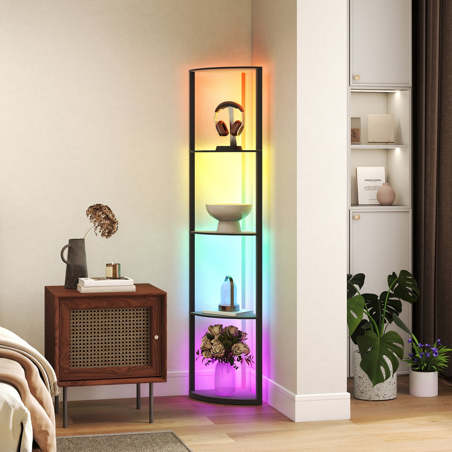 HOMCOM RGB LED Floor Lamp With Shelves 4 Tier Dimmable Standing Lamp With Remote Control Black