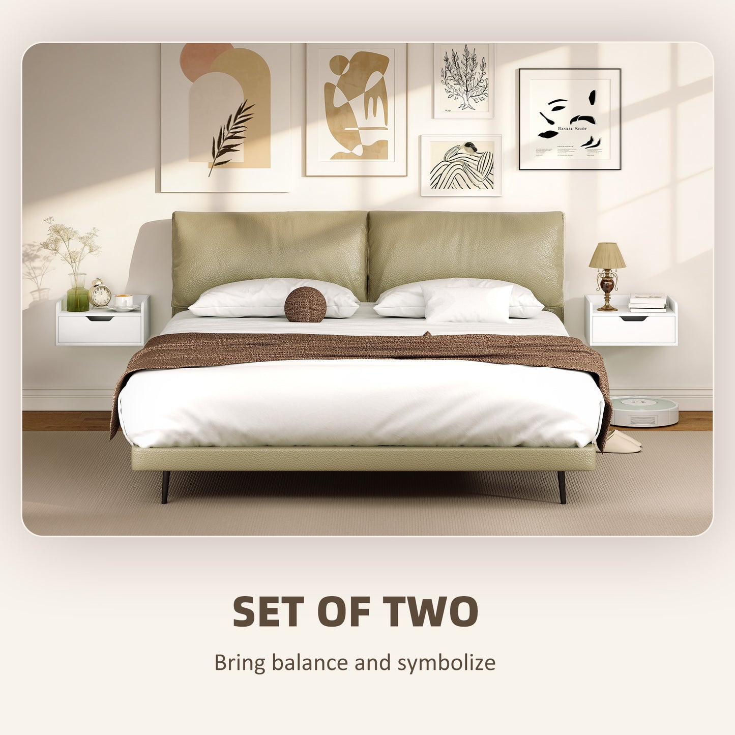 HOMCOM Floating Nightstands Set Of 2 Wall Mounted Bedside Tables With Drawer And Shelf White