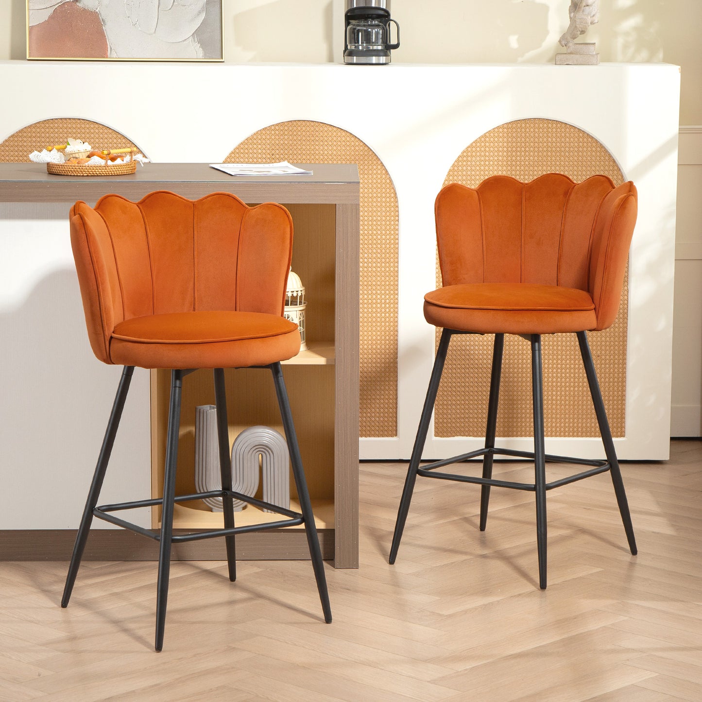 HOMCOM Set Of Two Velvet Feel Lotus Bar Stools Orange With High Back Durable Foam Cushions