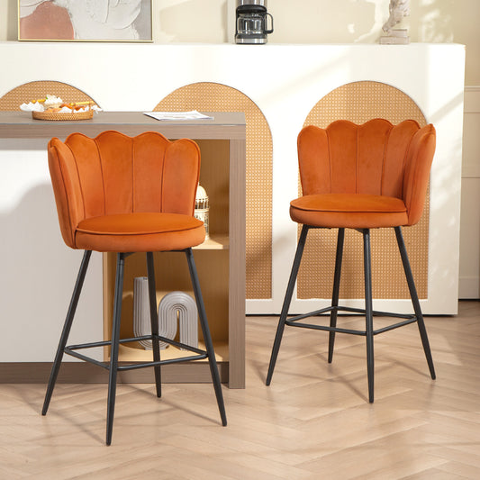 HOMCOM Set Of Two Velvet Feel Lotus Bar Stools Orange With High Back Durable Foam Cushions