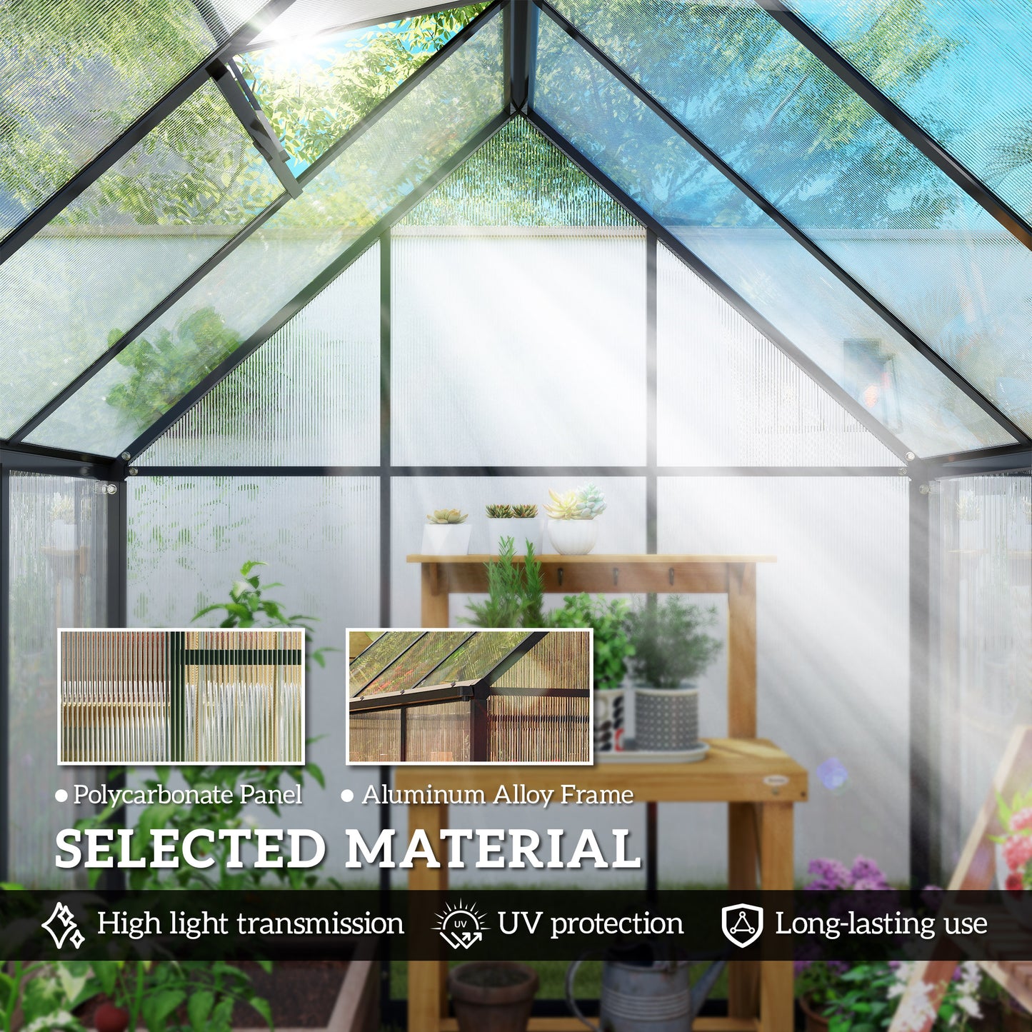 Outsunny Polycarbonate Greenhouse With Swing Door Adjustable Window Walk In Rain Gutter 5.5 By 6 Feet Black