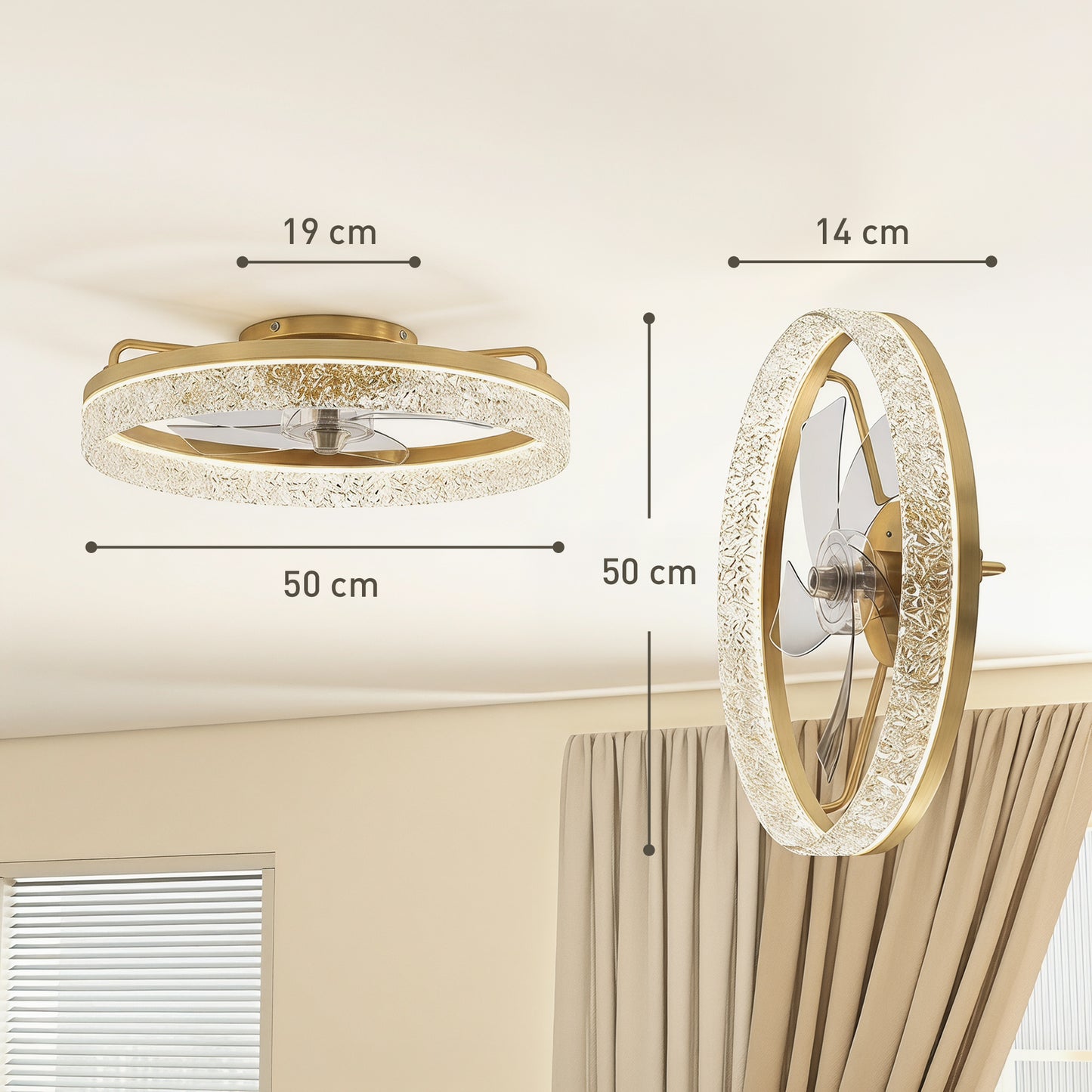 HOMCOM Ceiling Fan With Light Gold Tone Dimmable LED Remote And App Control Three Color Temperatures