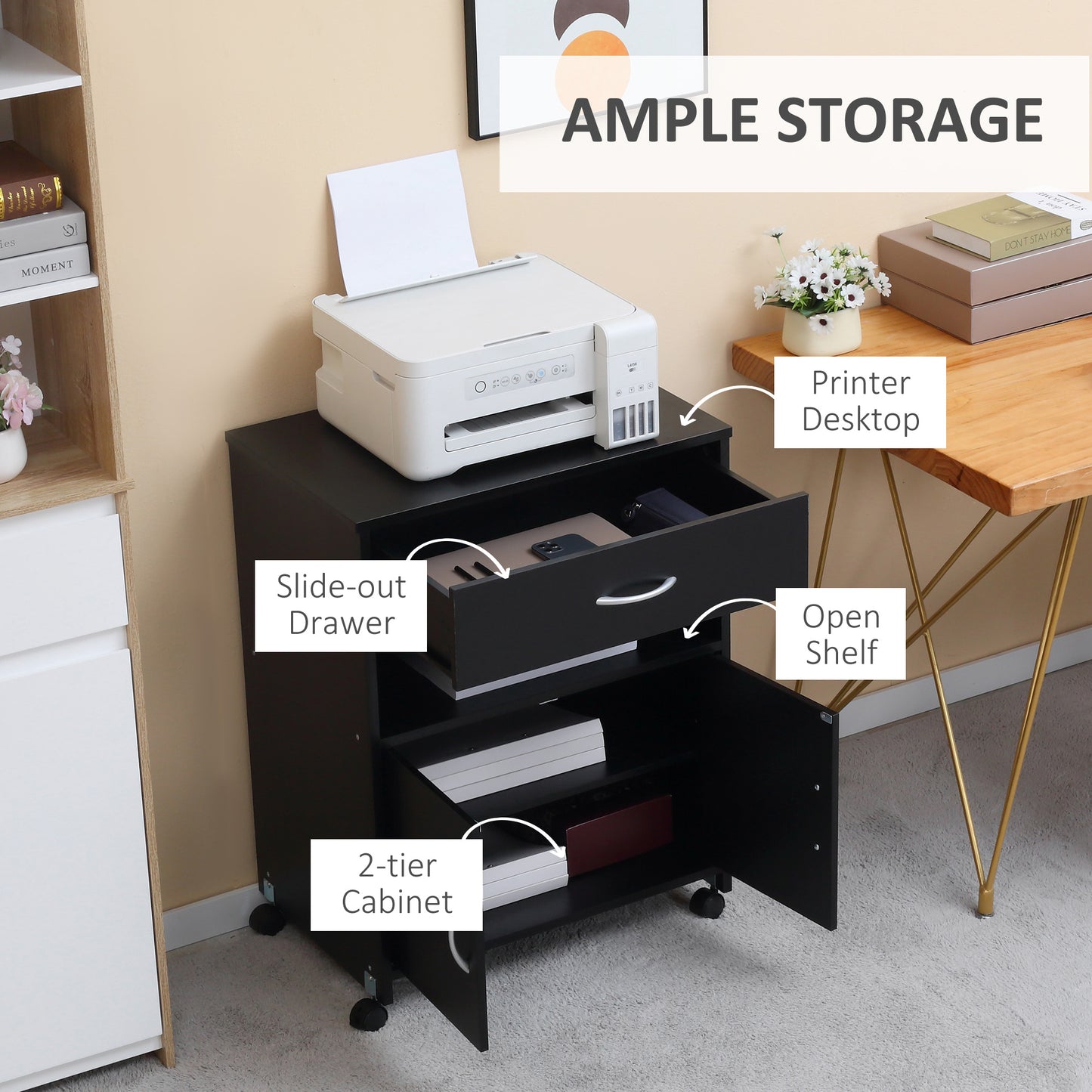 Vinsetto Mobile Printer Station: Versatile Storage Solutions with Wheels, Black - ALL4U RETAILER LTD