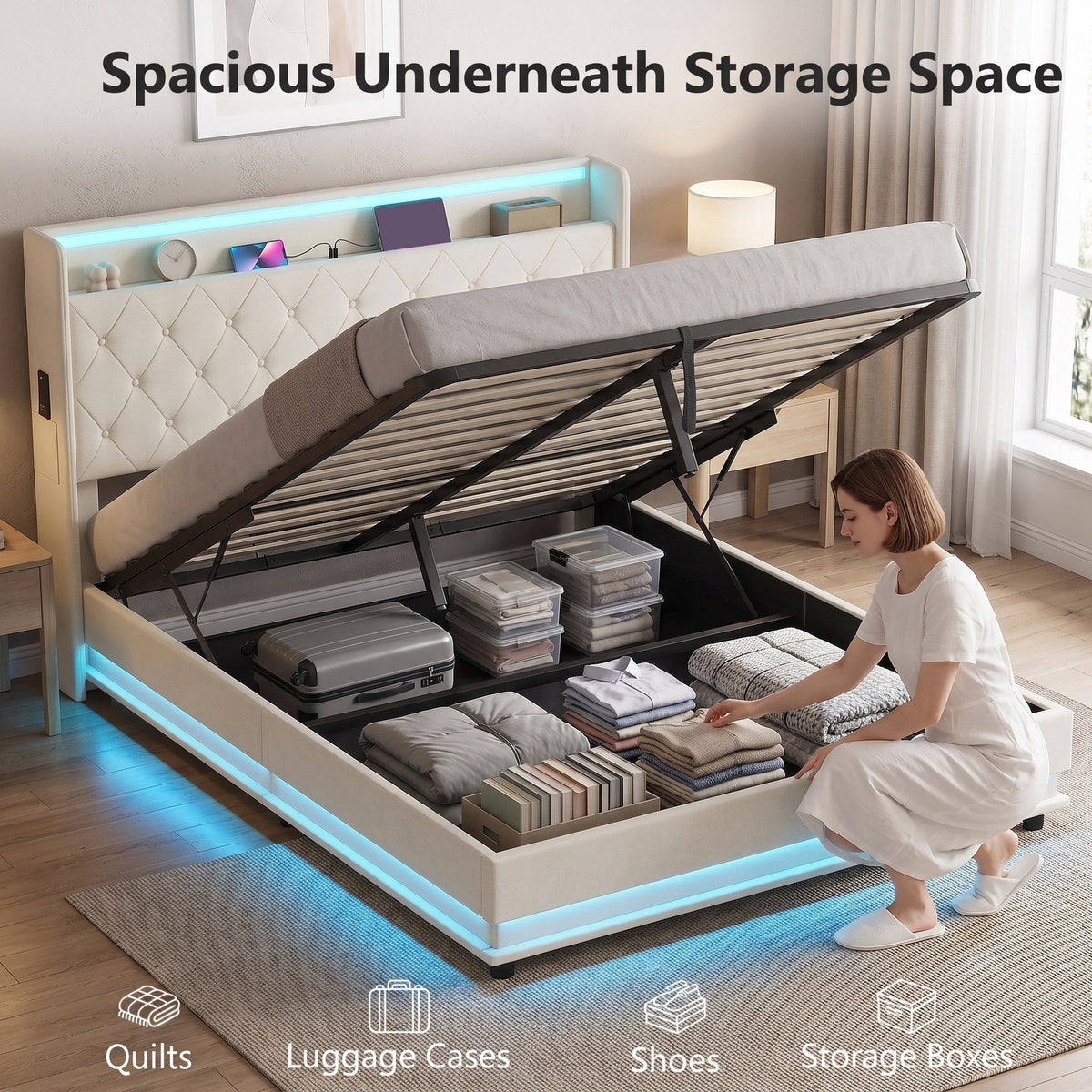 HOMCOM King Bed Frame With Hydraulic Storage Led Charging