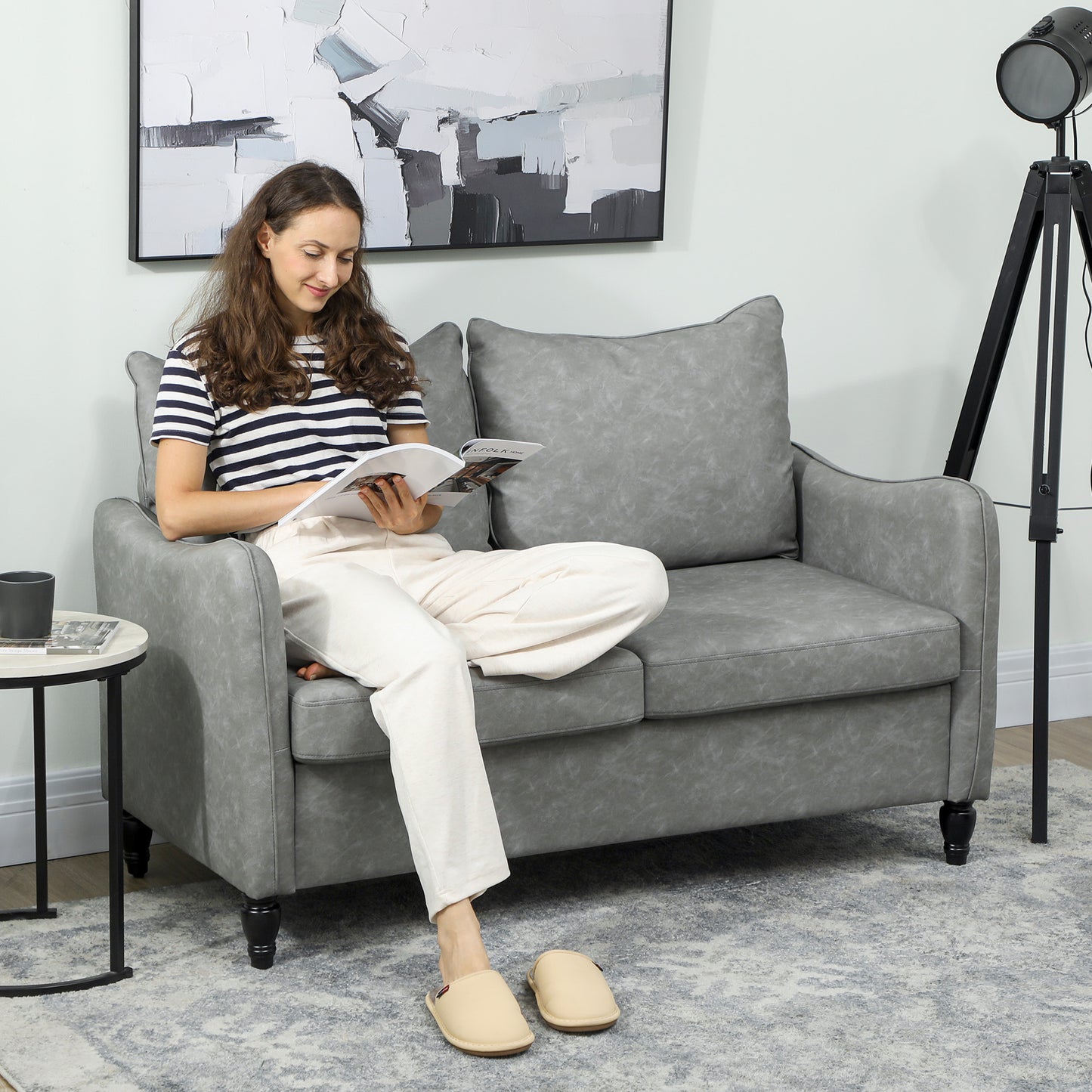 HOMCOM Faux Leather Marble Effect Two Seater Sofa Grey With Thick Padded Upholstery For Living Room And Bedroom