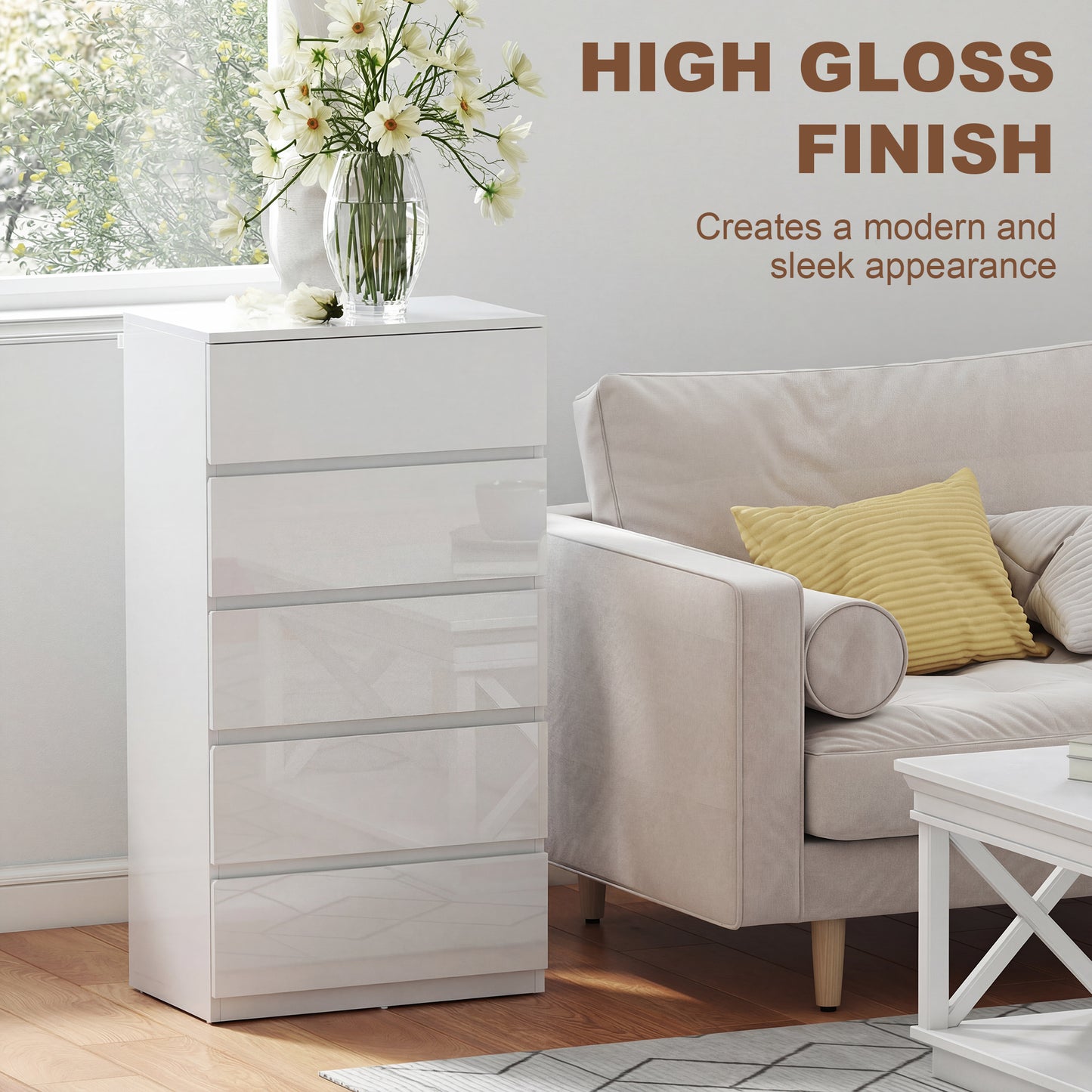 HOMCOM Five Drawer Chest of Drawers Modern Dresser Storage Cabinet for Bedroom Organization