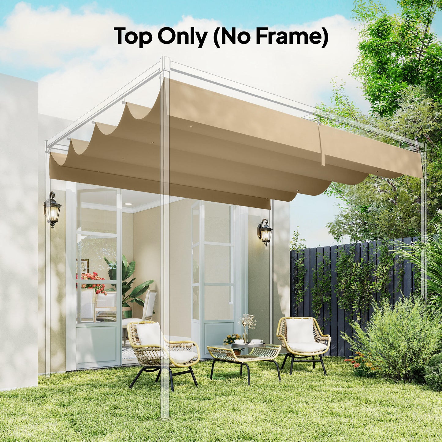 Outsunny Retractable Pergola Canopy Replacement Cover 3.92 by 3.5 Meters UV30 Plus Khaki For 4 by 3 Meters Pergola