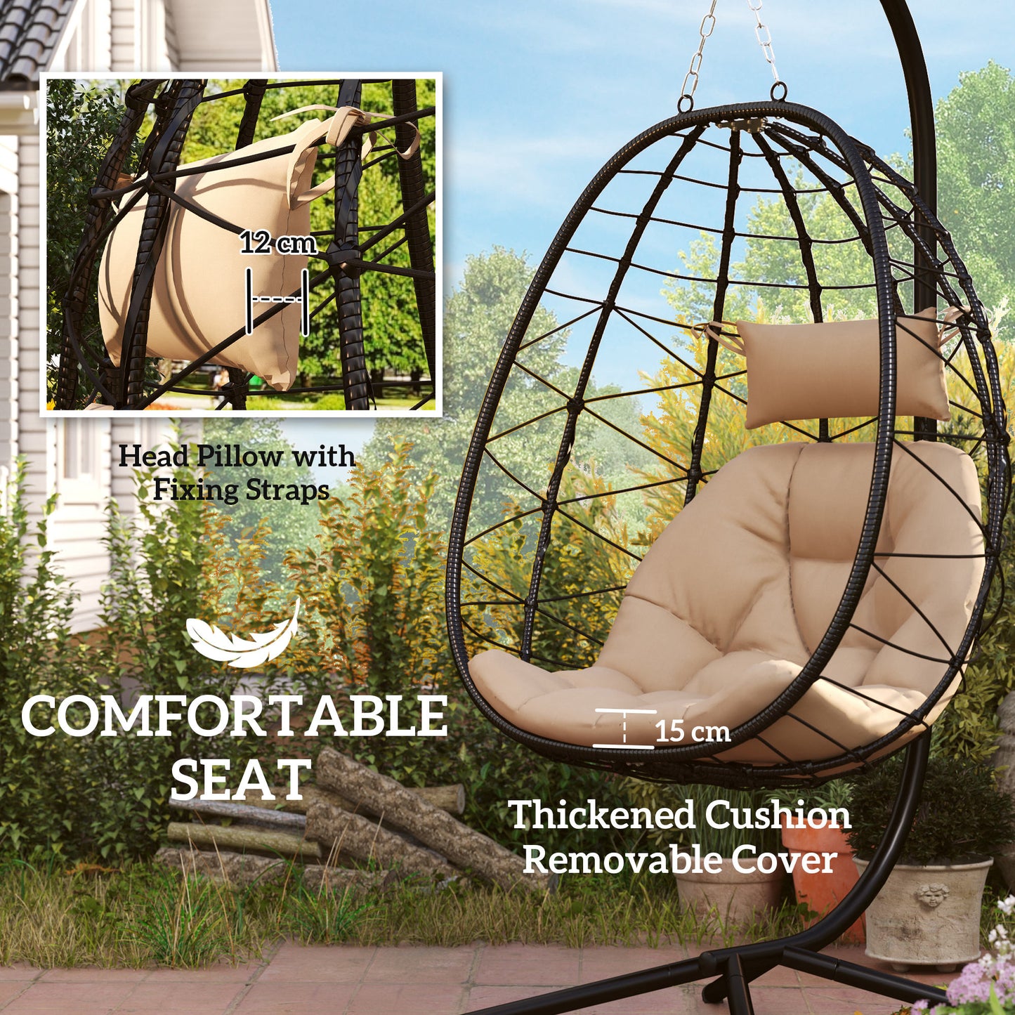 Outsunny Hanging Egg Chair With Stand For Patio Balcony Folding Basket 15cm Thickened Cushion With Headrest Khaki