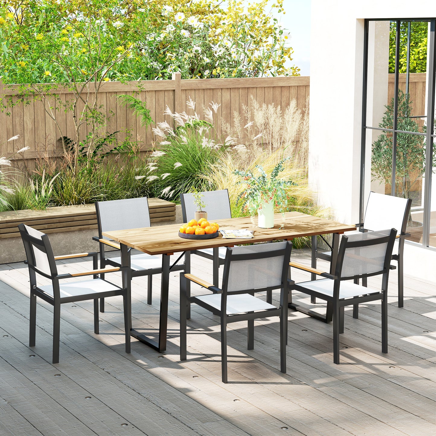Outsunny 6 Seater Wooden Garden Dining Table 175x80 cm Outdoor Table With 5 cm Parasol Hole Slatted Top Brown