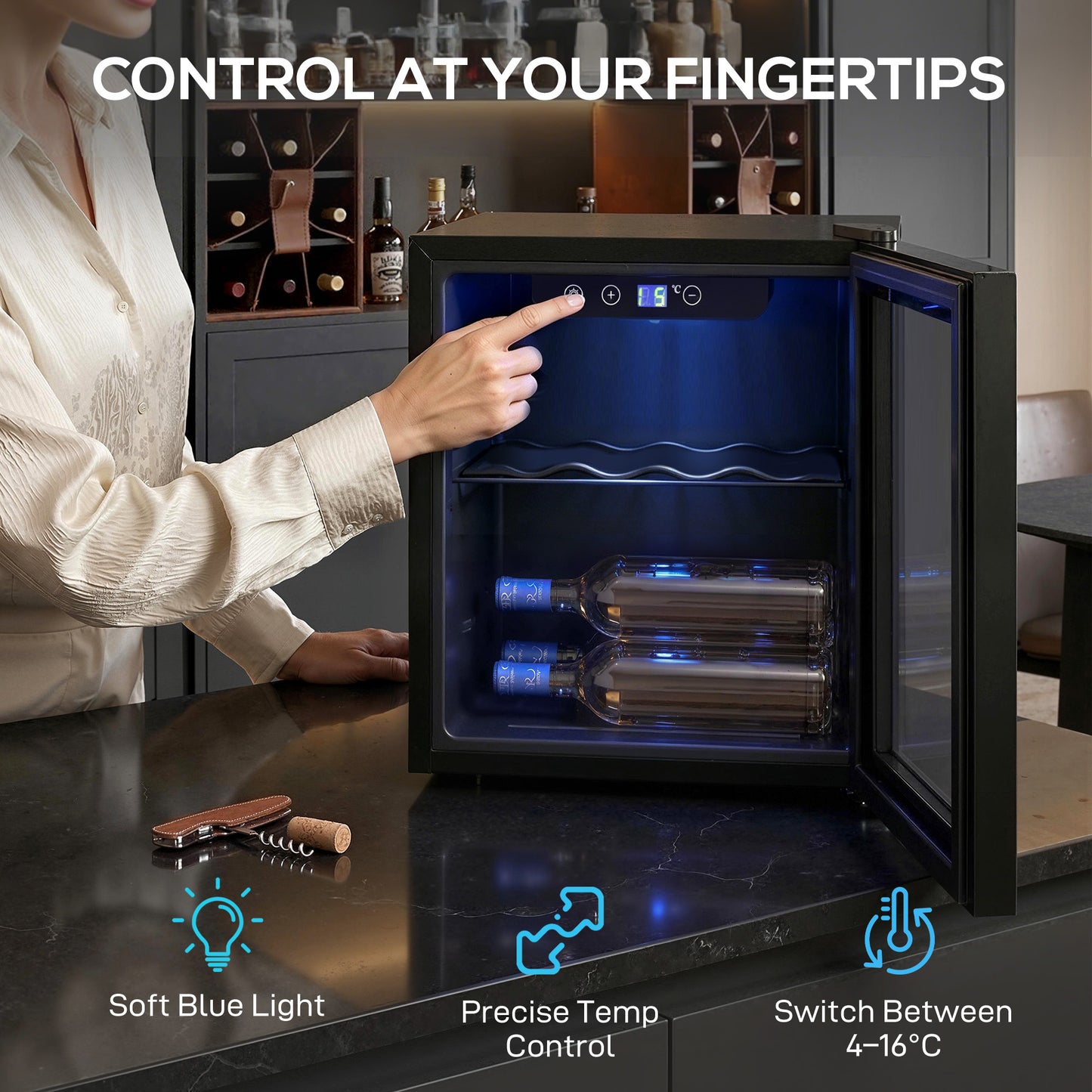 Homcom 12 Bottle Wine Cooler 36 Litre Capacity Under Counter Glass Door LED Light Black