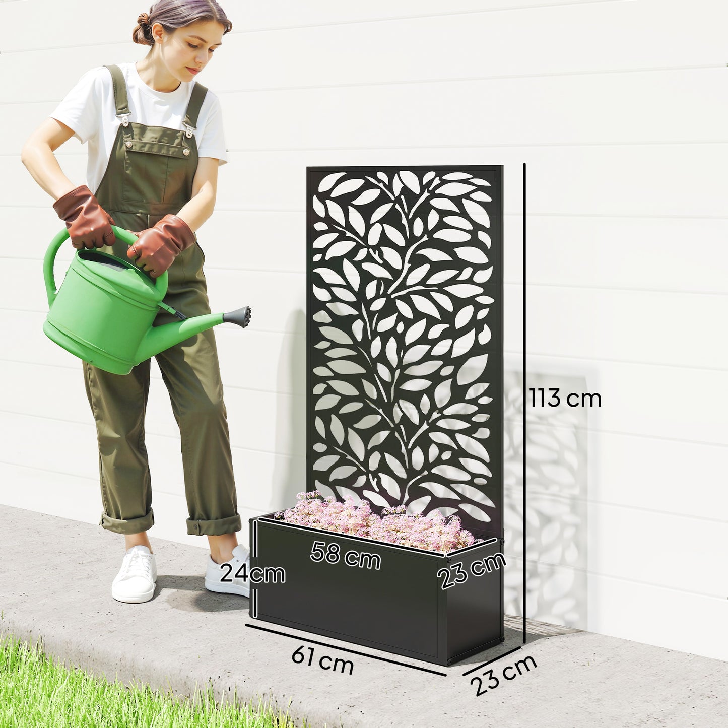 Outsunny Outdoor Metal Planter With Back Trellis Black Powder Coated 23 x 58 cm 32L Soil Capacity