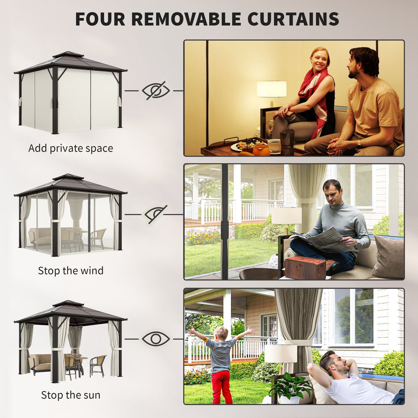 Outsunny 3x3m Hardtop Gazebo With UPF30 Polycarbonate Roof Aluminum Frame Pavilion Mosquito Netting Curtains Beige
