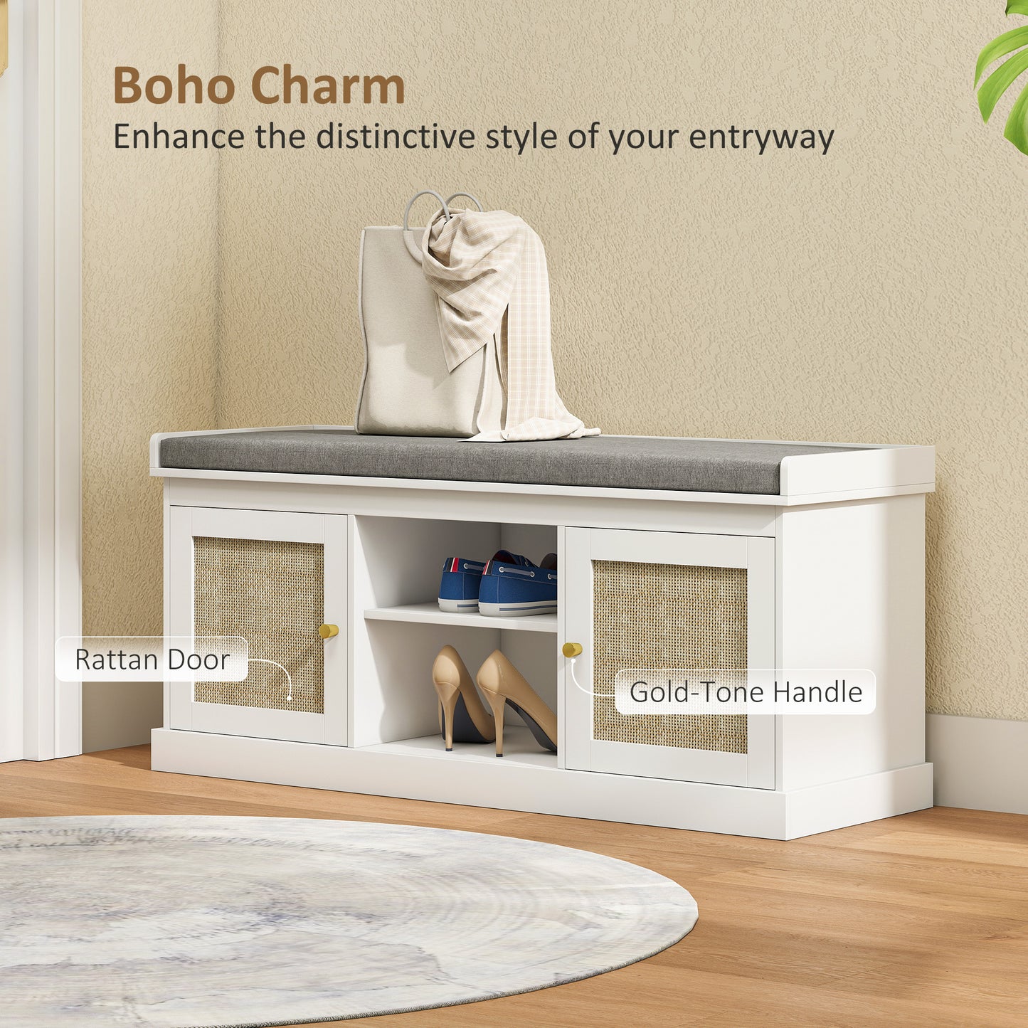 HOMCOM Boho Shoe Storage Bench With Padded Cushion And Rattan Doors Holds Up To Nine Pairs White