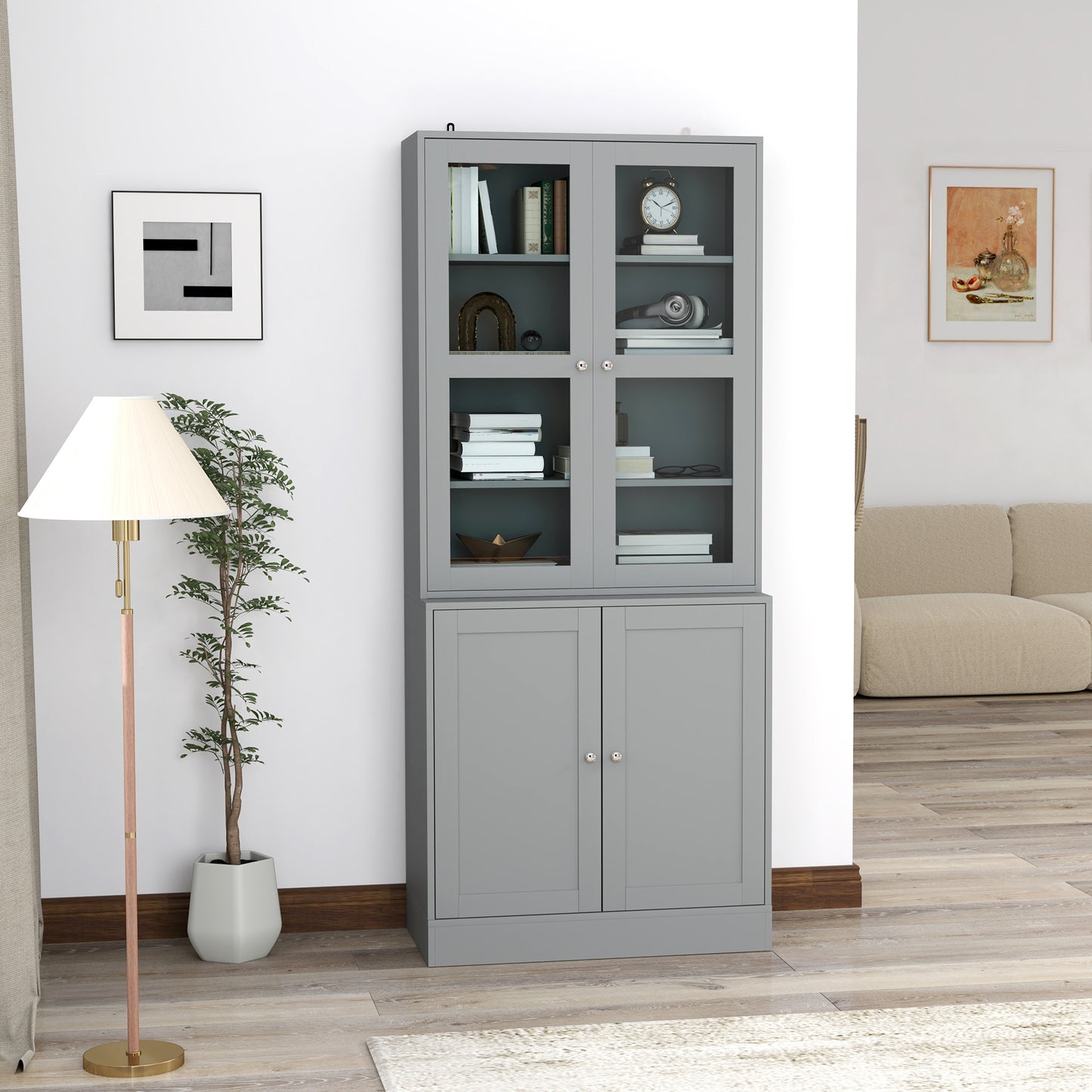 HOMCOM Double Storage Display Cabinet with Tempered Glass Doors Grey for Elegant Living Room Display and Extra Storage