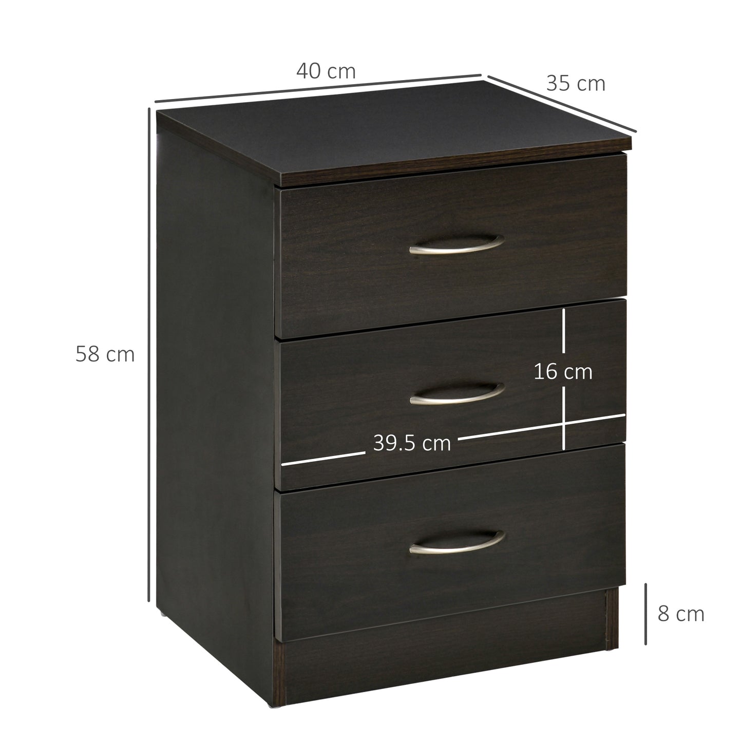 HOMCOM Three Drawer Bedside Table Black Nightstand With Ample Storage For Bedroom Organization