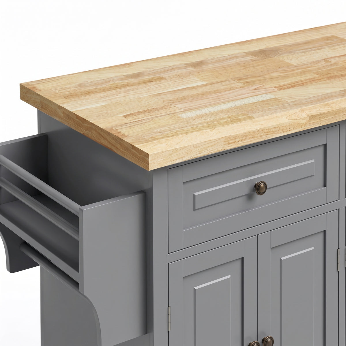 Gray rolling kitchen island with rubberwood top, drawer front, and side open shelf