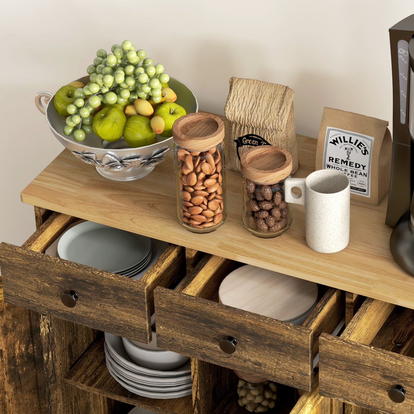 HOMCOM Sideboard Storage Cabinet With Rubberwood Top And Adjustable Shelves For Dining Room Kitchen Rustic Brown