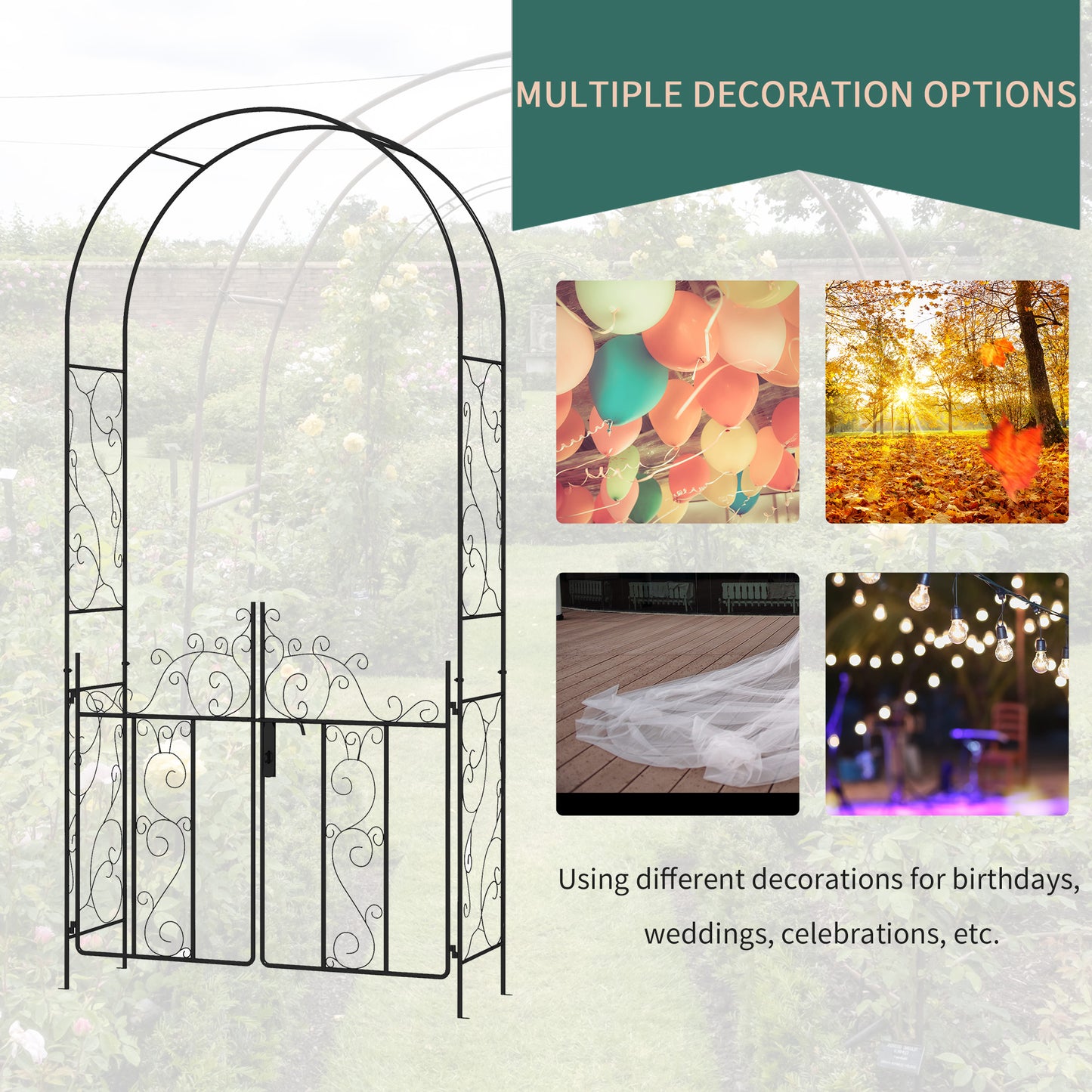 Outsunny Metal Garden Arch Double Gates for Climbing Plants Roses and Vines Wedding Arch Black 125L x 38W x 227H cm