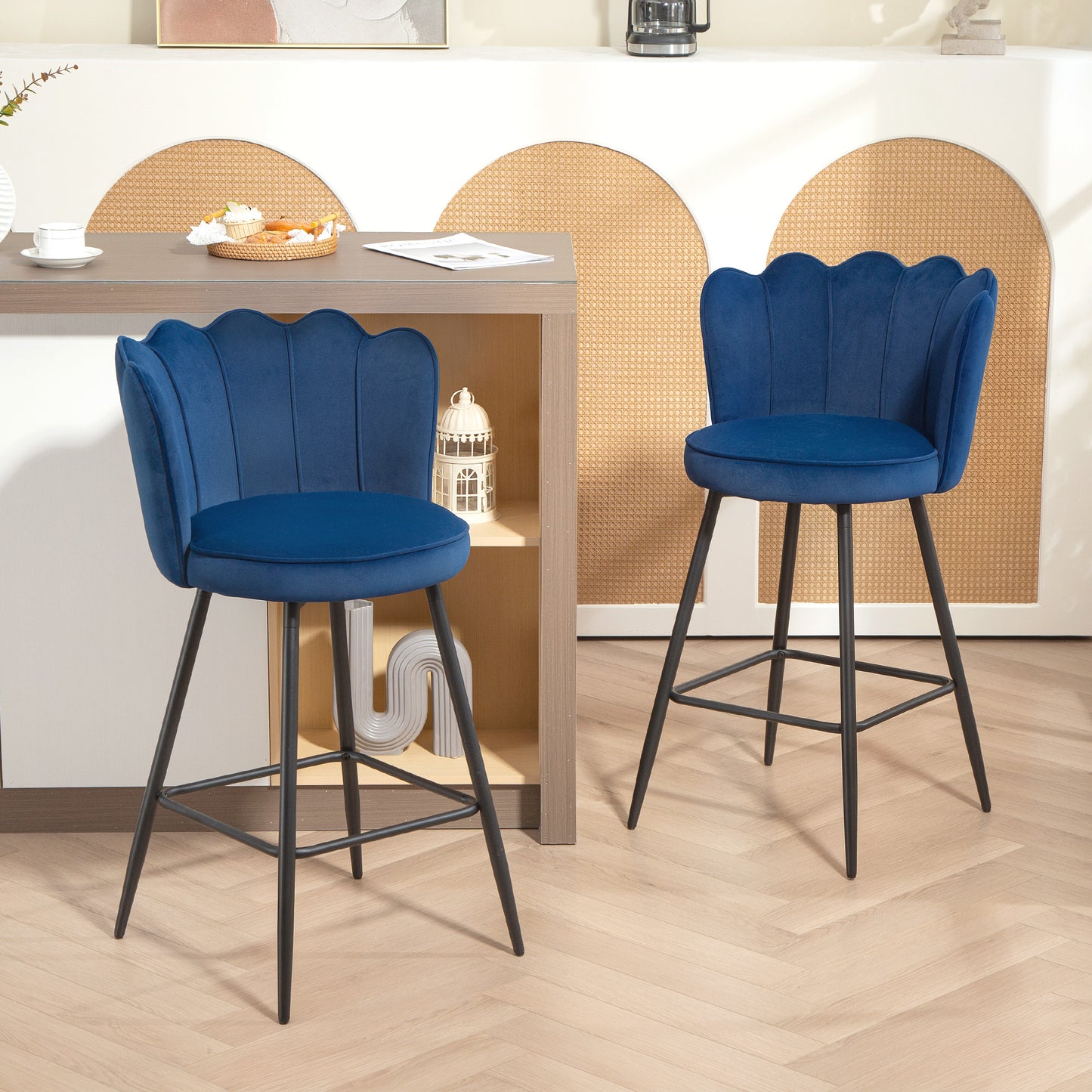 HOMCOM Set Of Two Velvet Lotus Bar Stools In Dark Blue With High Back And Steel Legs