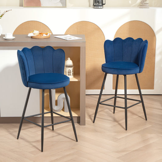 HOMCOM Set Of Two Velvet Lotus Bar Stools In Dark Blue With High Back And Steel Legs