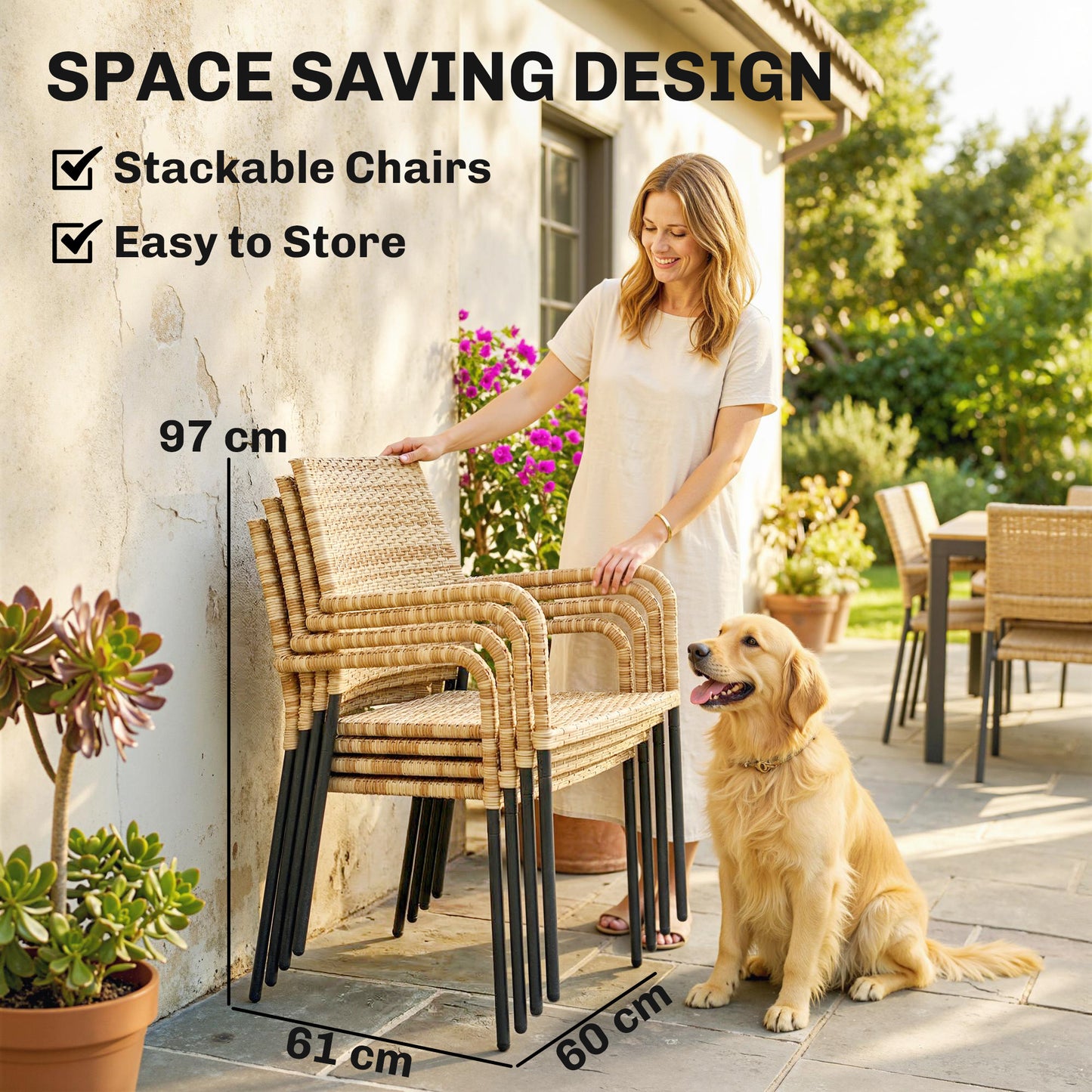 Outsunny 4 Seater Rattan Dining Set With Parasol 6 Piece Garden Table And Stackable Chairs With Tempered Glass Tabletop