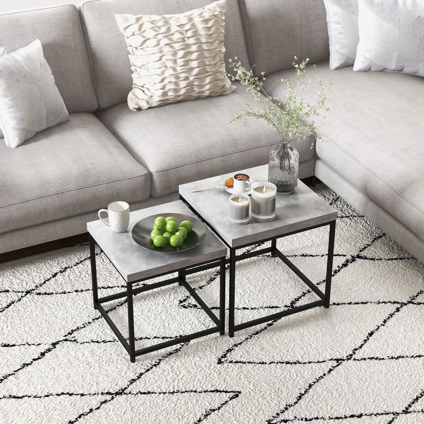 HOMCOM Nesting Coffee Table Set Of 2 With 3.5 Centimeter Thick Tabletops Grey Living Room Or Bedroom