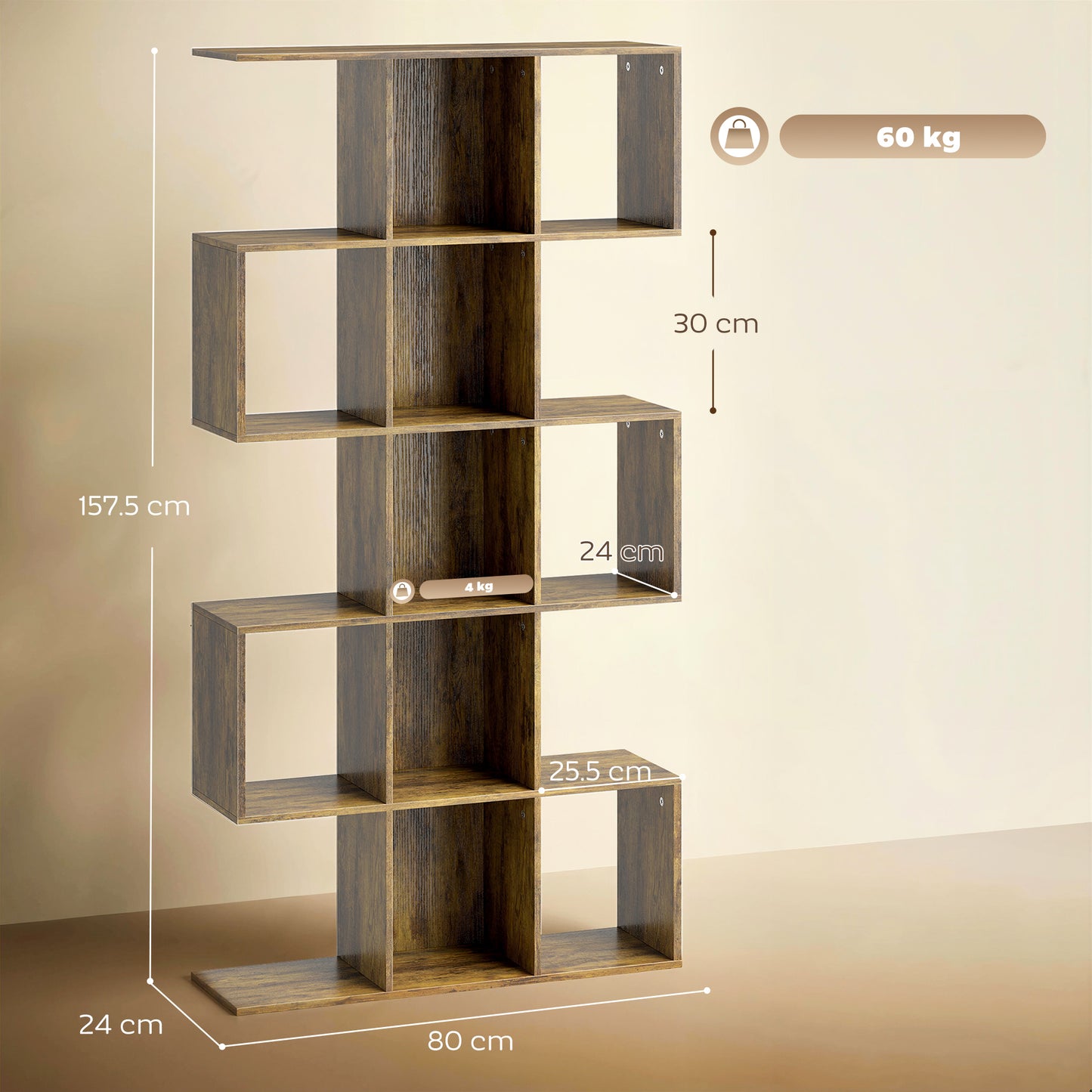 HOMCOM 5 Tier Bookshelf S Shaped Geometric Bookcase 15 Compartments Rustic Brown