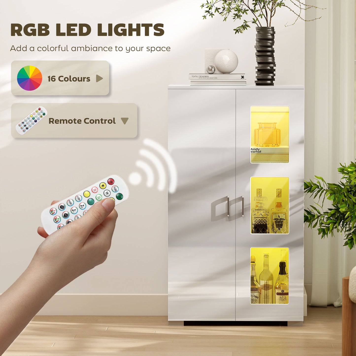 HOMCOM High Gloss Sideboard Display Cabinet With 16 Color RGB LED Lights Glass Doors And Shelves Remote Control White