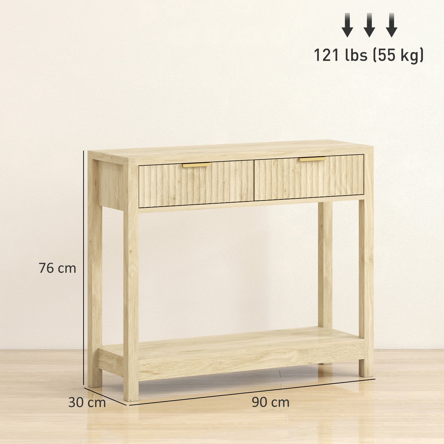 HOMCOM Modern Console Table With Fluted Panel Drawers Narrow Hallway Entryway Table With Open Shelf Natural Wood Finish