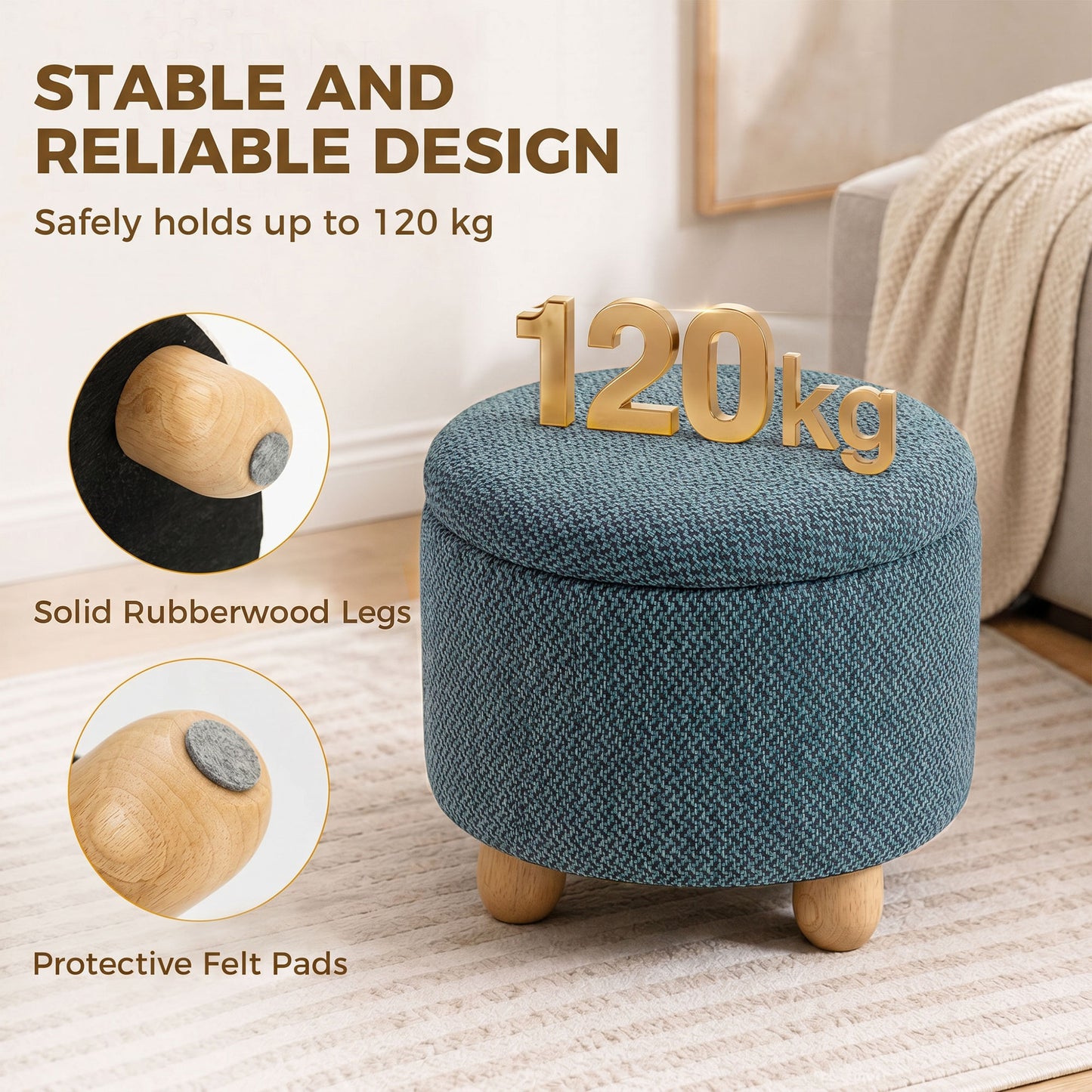 HOMCOM Round Storage Ottoman Bench With Lid Dark Blue Upholstered Footrest And Tabletop Rubberwood Legs