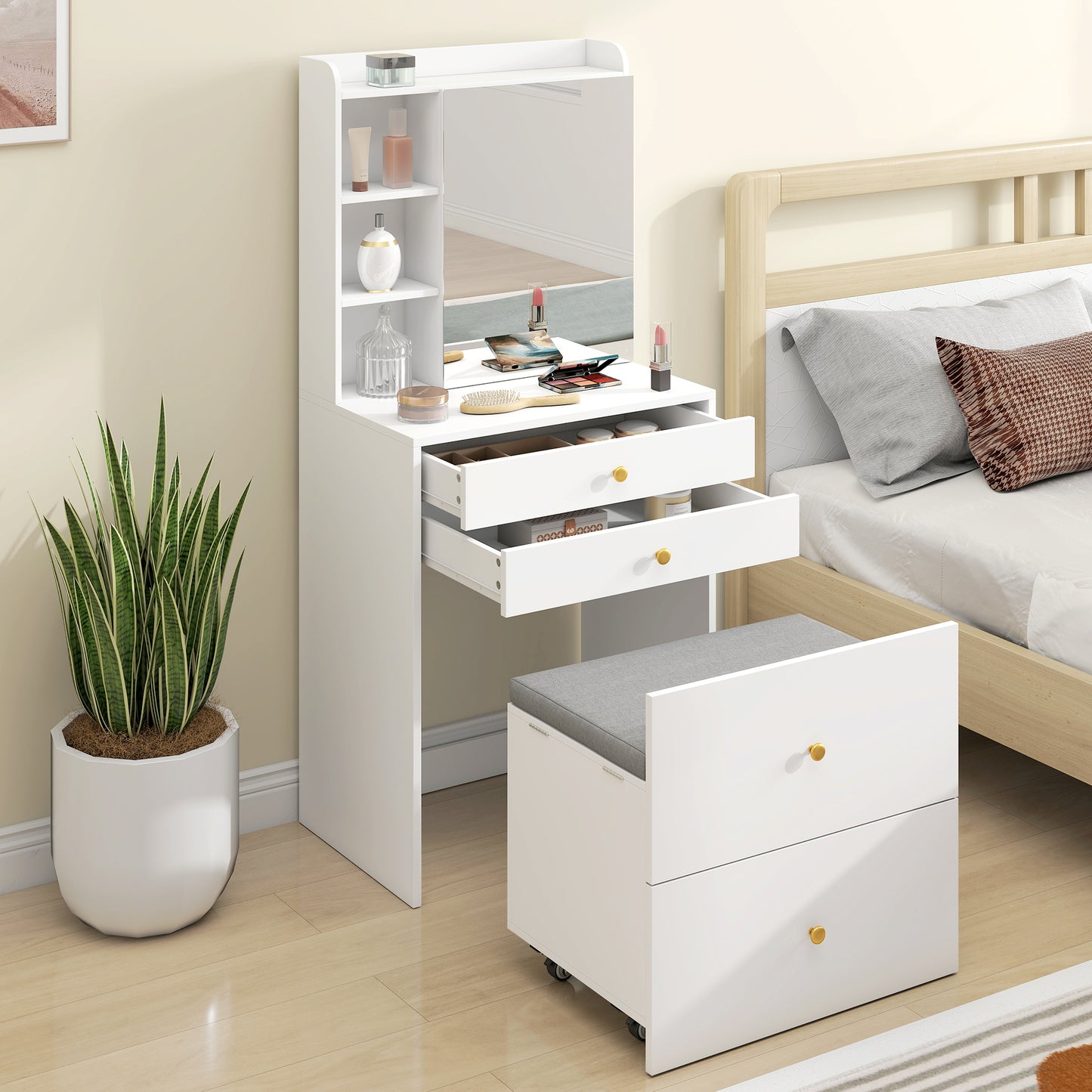 HOMCOM Dressing Table With Mirror And Storage Stool Compact Vanity Table With Cabinet Drawers And Open Shelves White