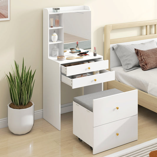 HOMCOM Dressing Table With Mirror And Storage Stool Compact Vanity Table With Cabinet Drawers And Open Shelves White