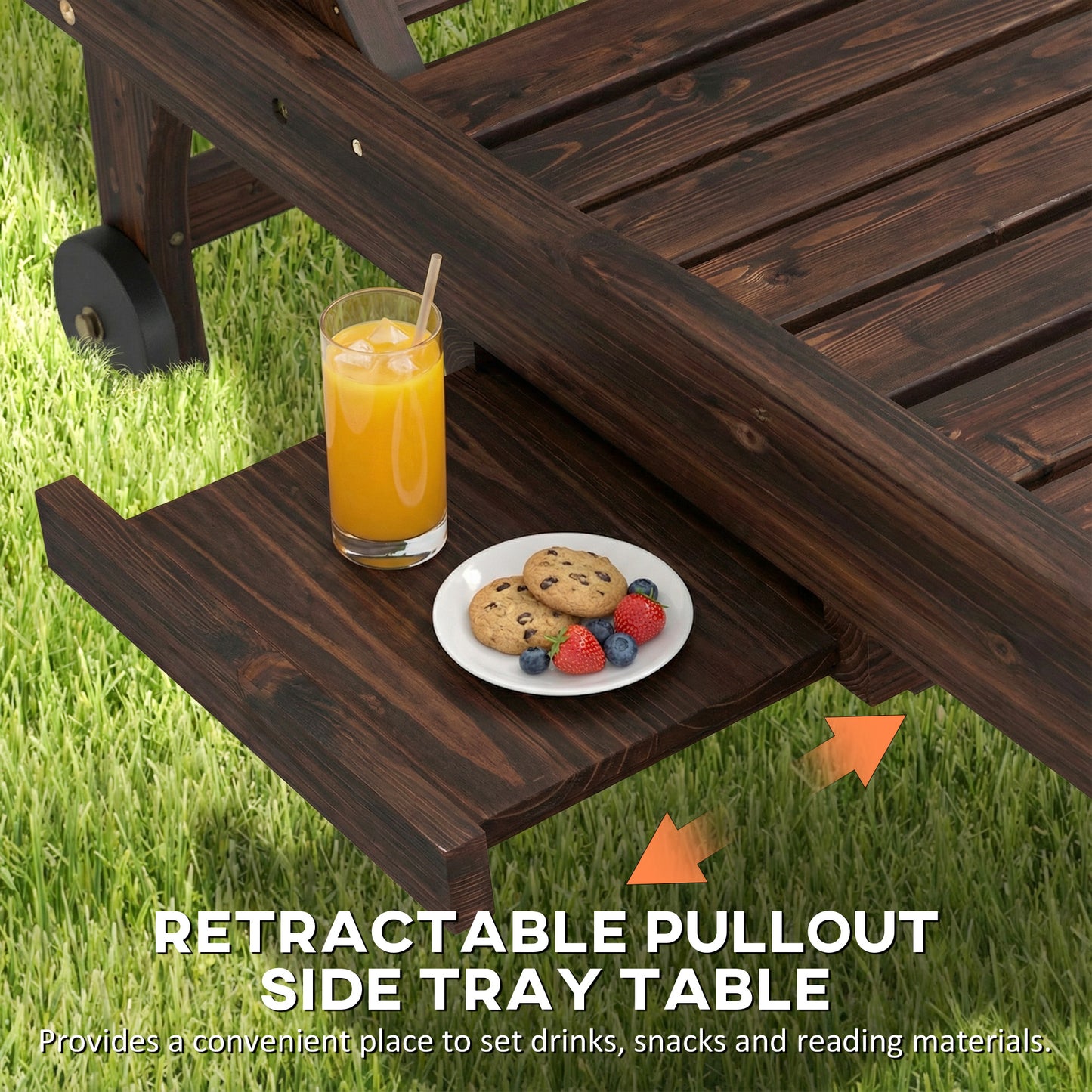 Outsunny Outdoor Wooden Sun Lounger With Built In Table Carbonised Finish Three Position Backrest And Side Tray