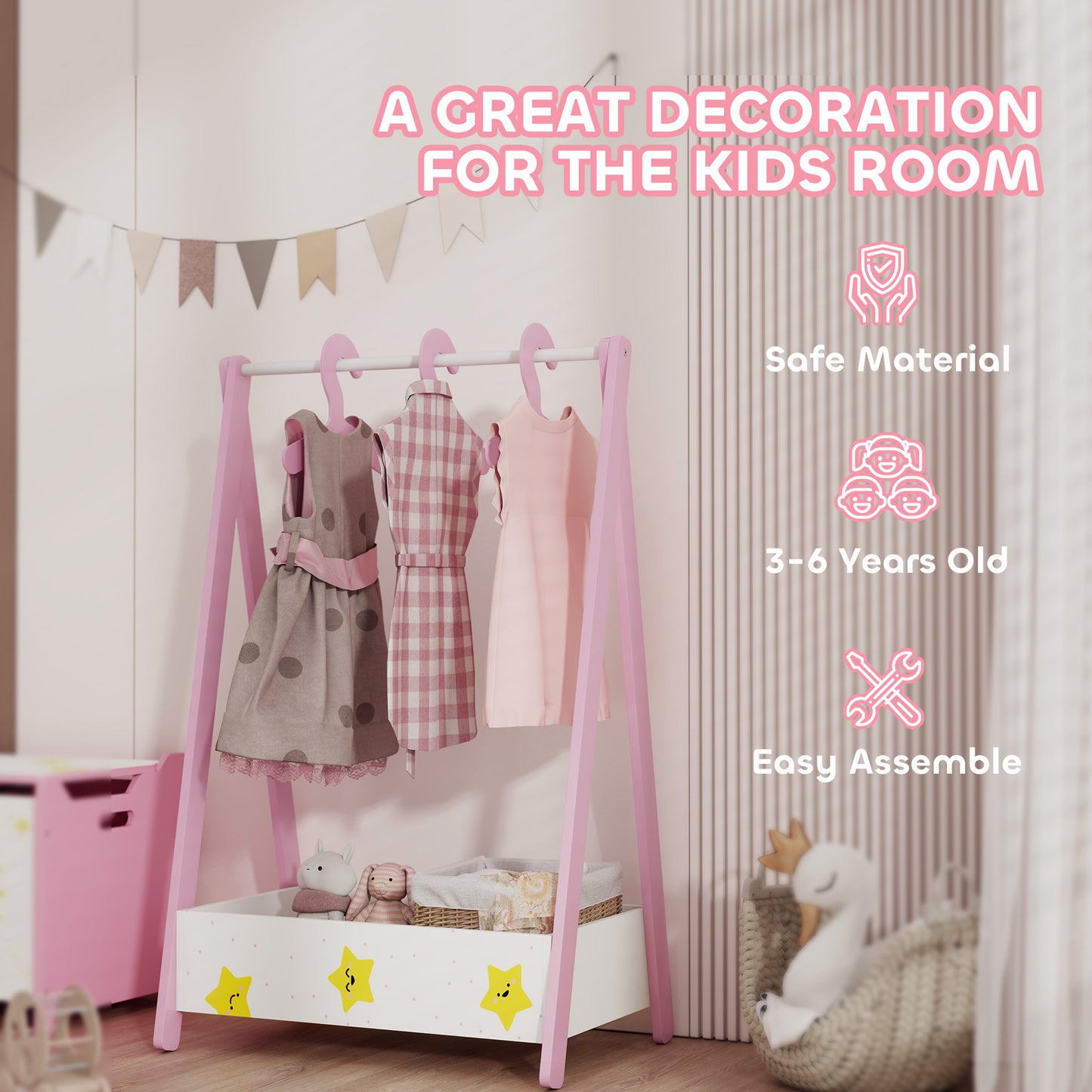 AIYAPLAY Baby Clothing Rack With Hangers And Storage Shelf For Bedroom Star Theme Pink Ages 3 To 6